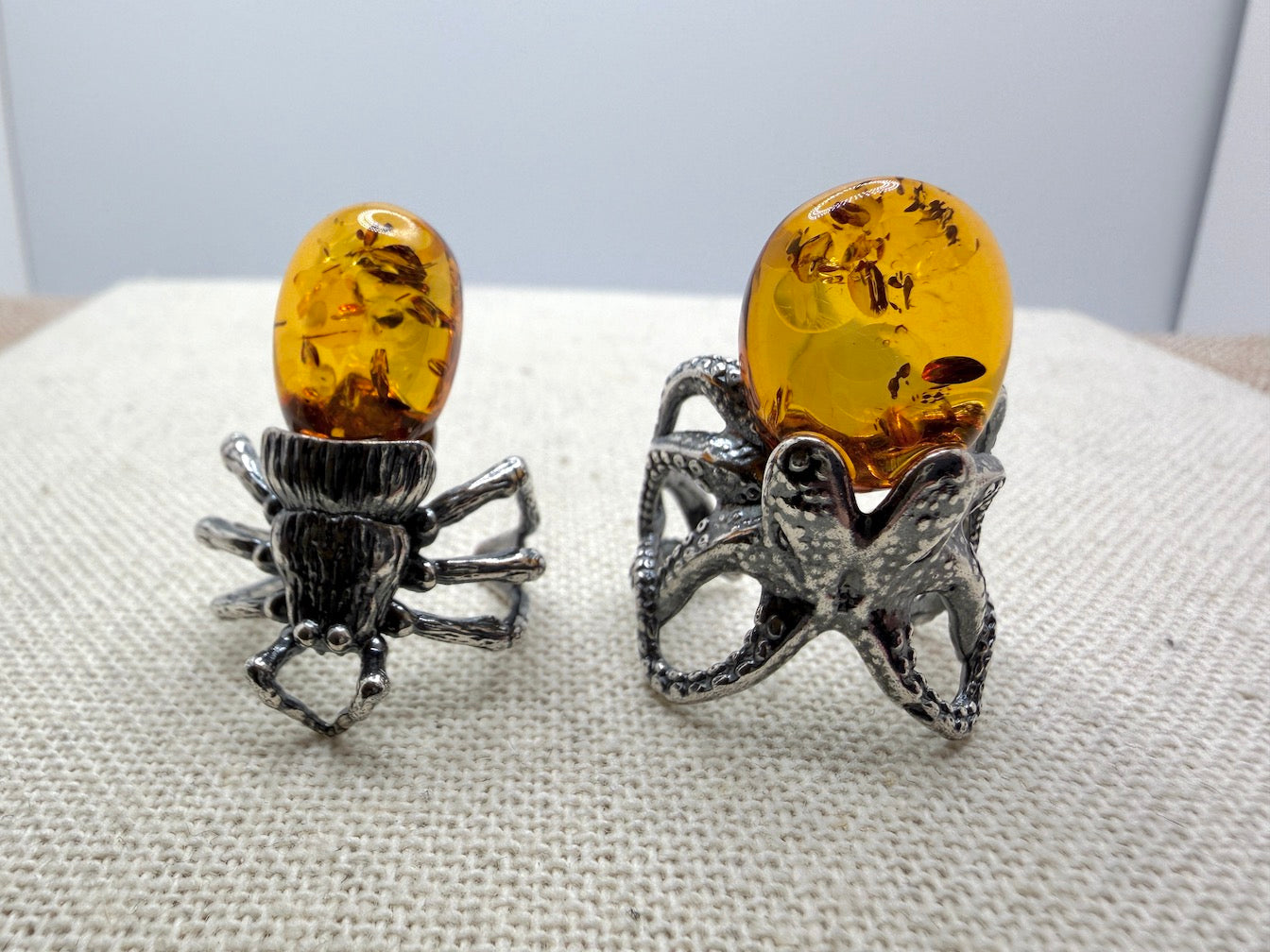 Handmade Oxidized Sterling Silver Baltic Amber Spider & Octopus Rings – Genuine Golden Amber Artisan Rings from Poland