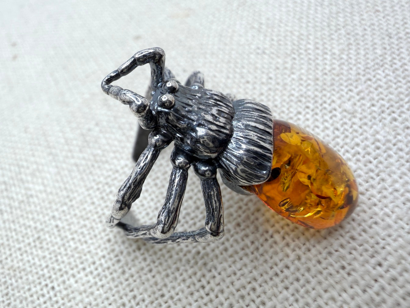 Handmade Oxidized Sterling Silver Baltic Amber Spider & Octopus Rings – Genuine Golden Amber Artisan Rings from Poland