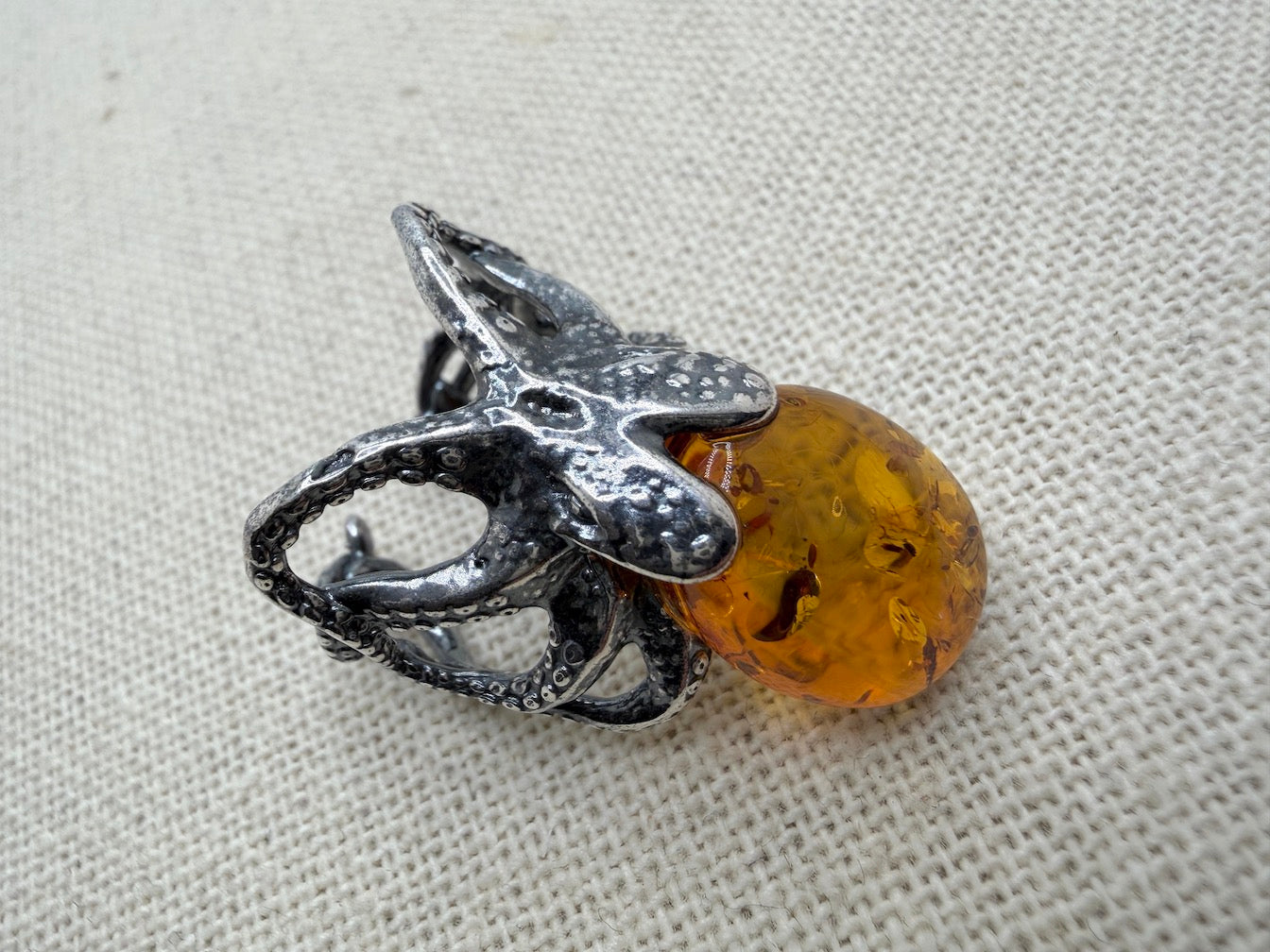 Handmade Oxidized Sterling Silver Baltic Amber Spider & Octopus Rings – Genuine Golden Amber Artisan Rings from Poland