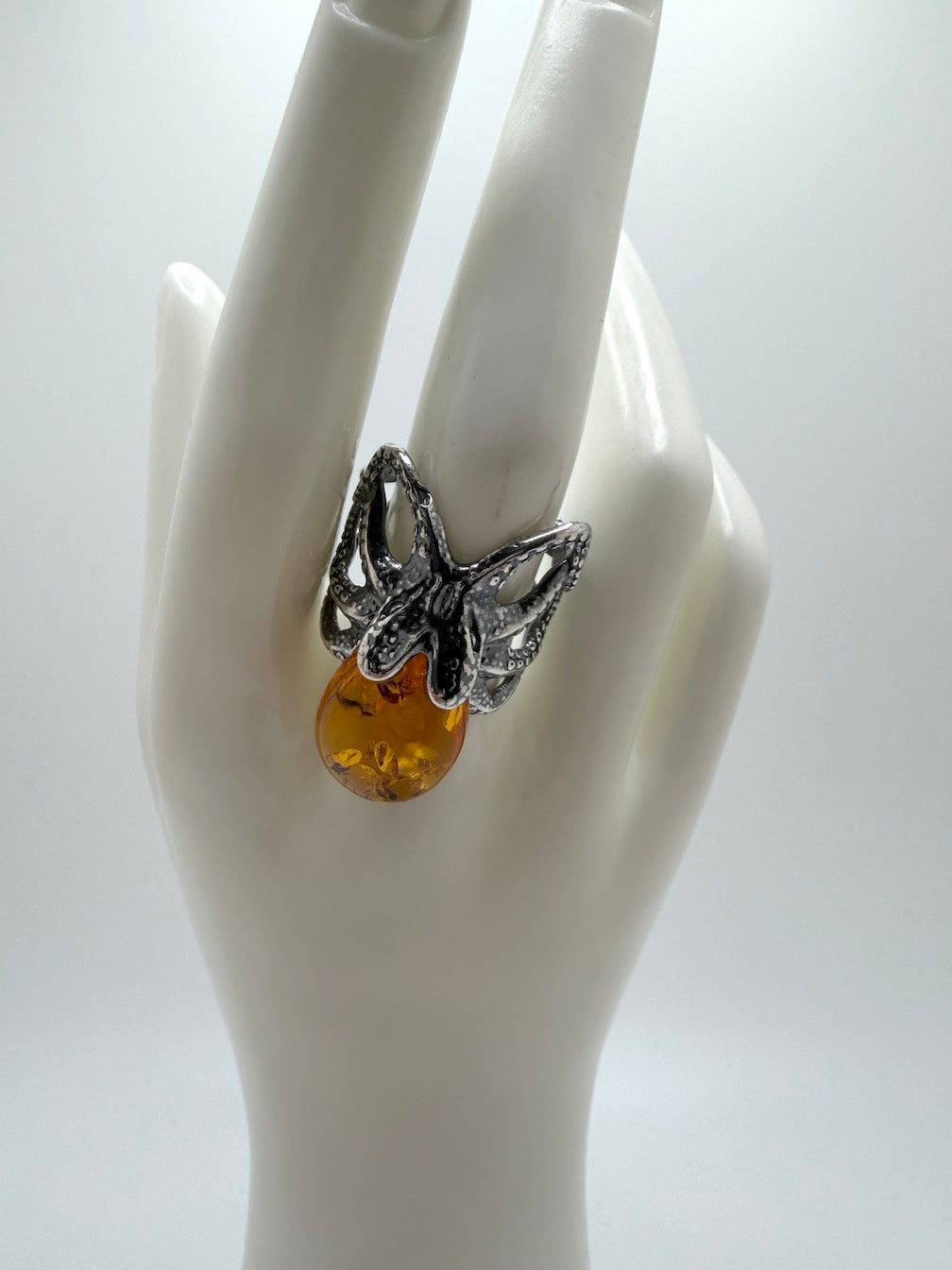 Handmade Oxidized Sterling Silver Baltic Amber Spider & Octopus Rings – Genuine Golden Amber Artisan Rings from Poland