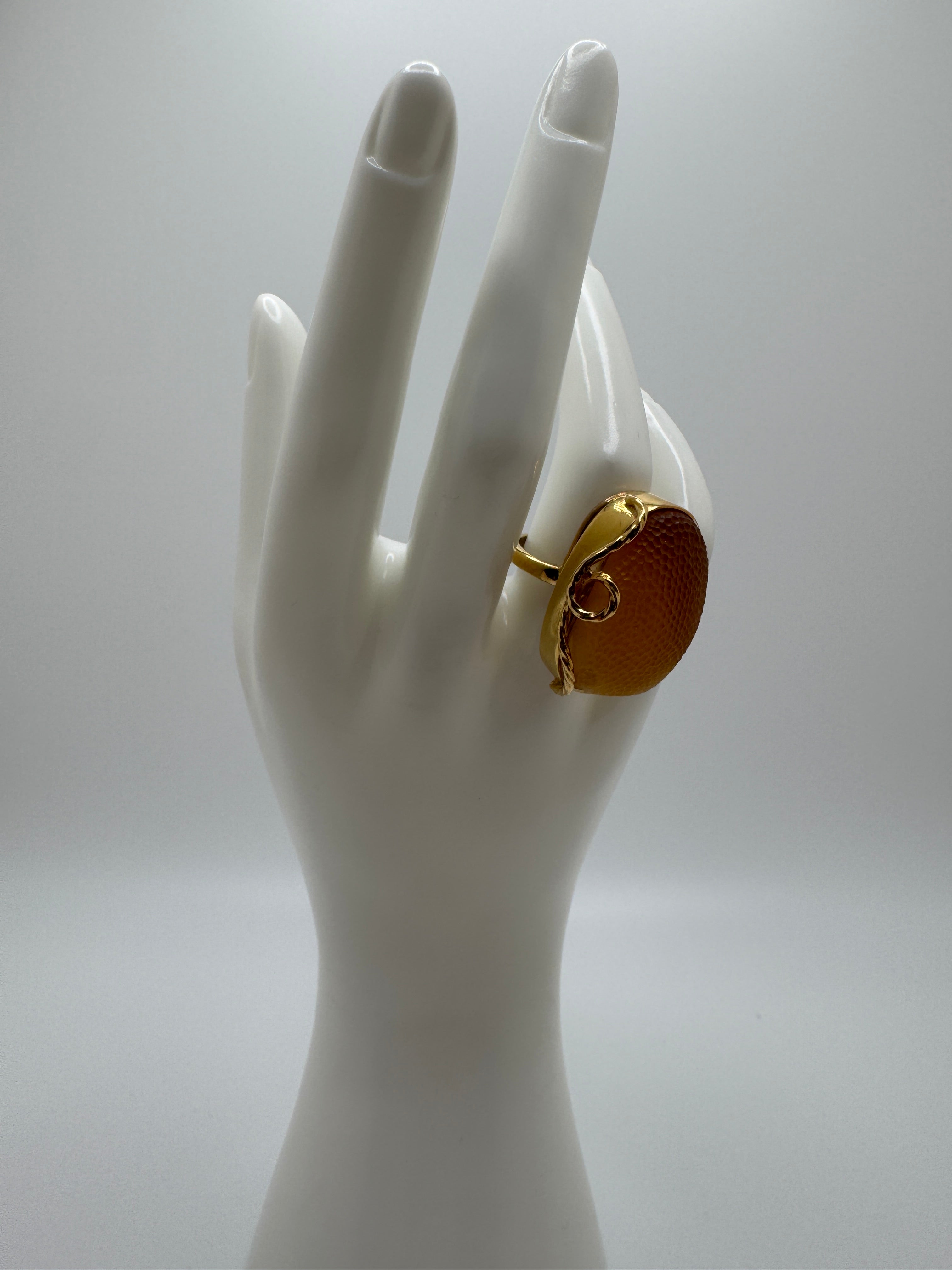 Handmade Poland Gold Plated Sterling Silver Honey Baltic Amber Snake Skin Statement Ring – Rare Rectangular Design