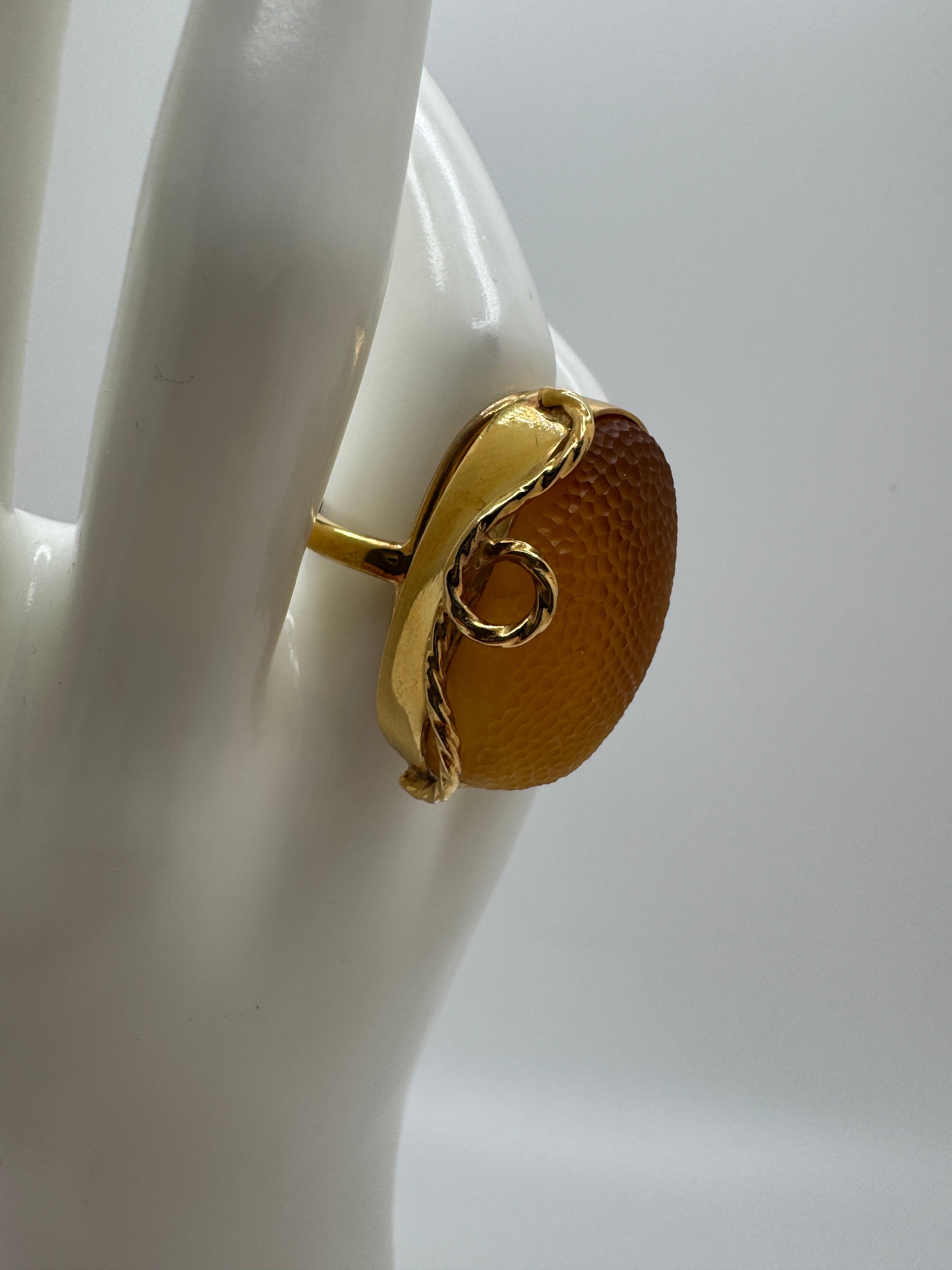 Handmade Poland Gold Plated Sterling Silver Honey Baltic Amber Snake Skin Statement Ring – Rare Rectangular Design