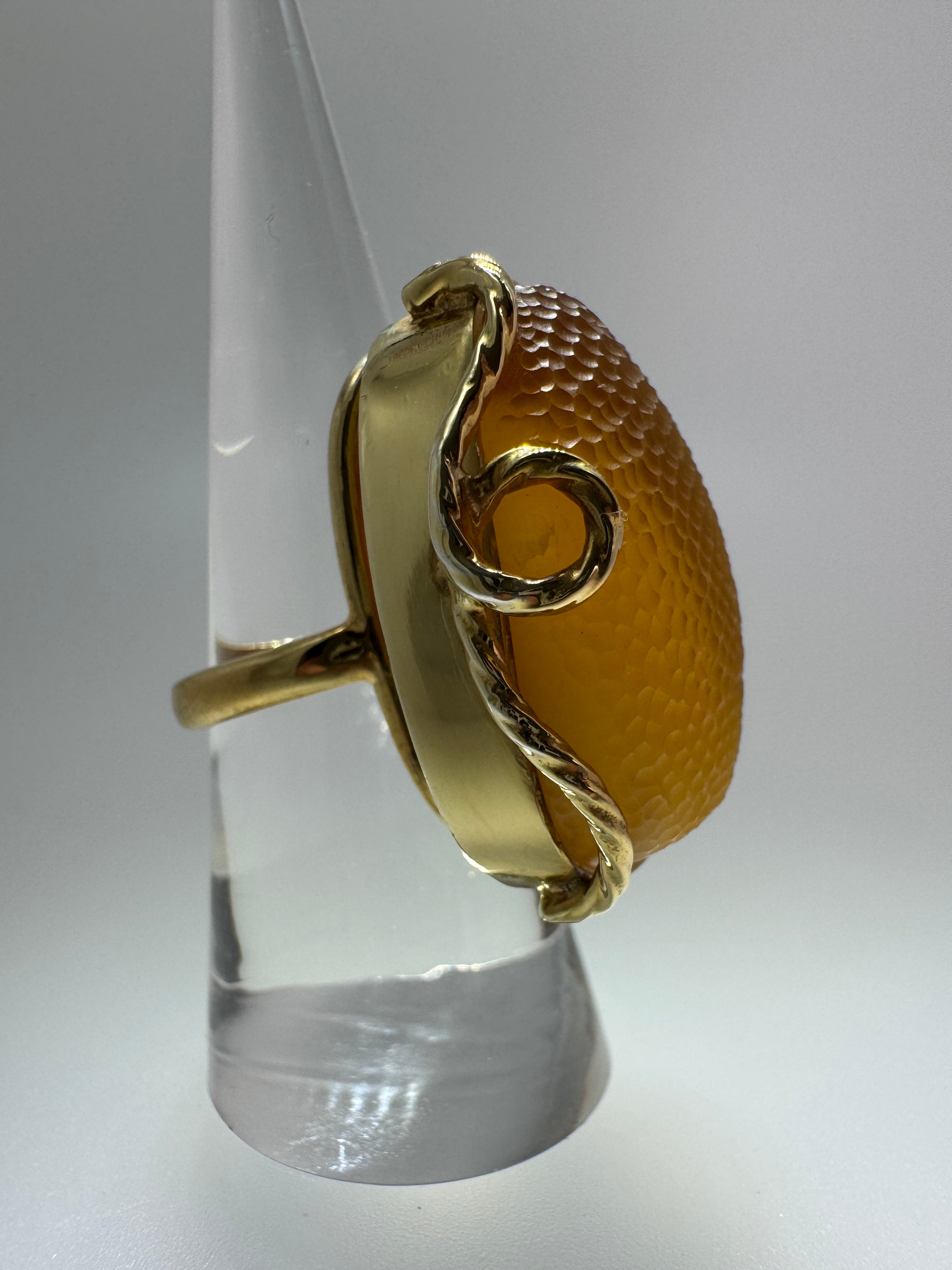 Handmade Poland Gold Plated Sterling Silver Honey Baltic Amber Snake Skin Statement Ring – Rare Rectangular Design