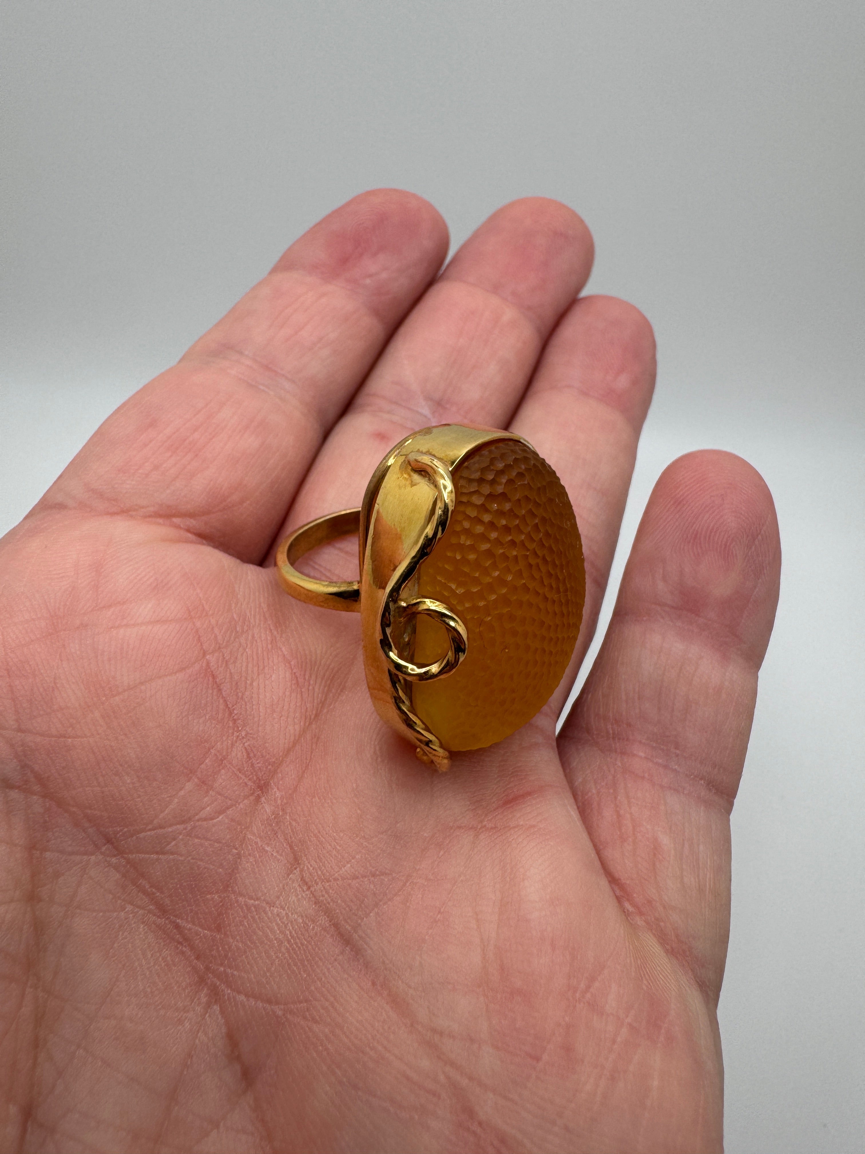 Handmade Poland Gold Plated Sterling Silver Honey Baltic Amber Snake Skin Statement Ring – Rare Rectangular Design