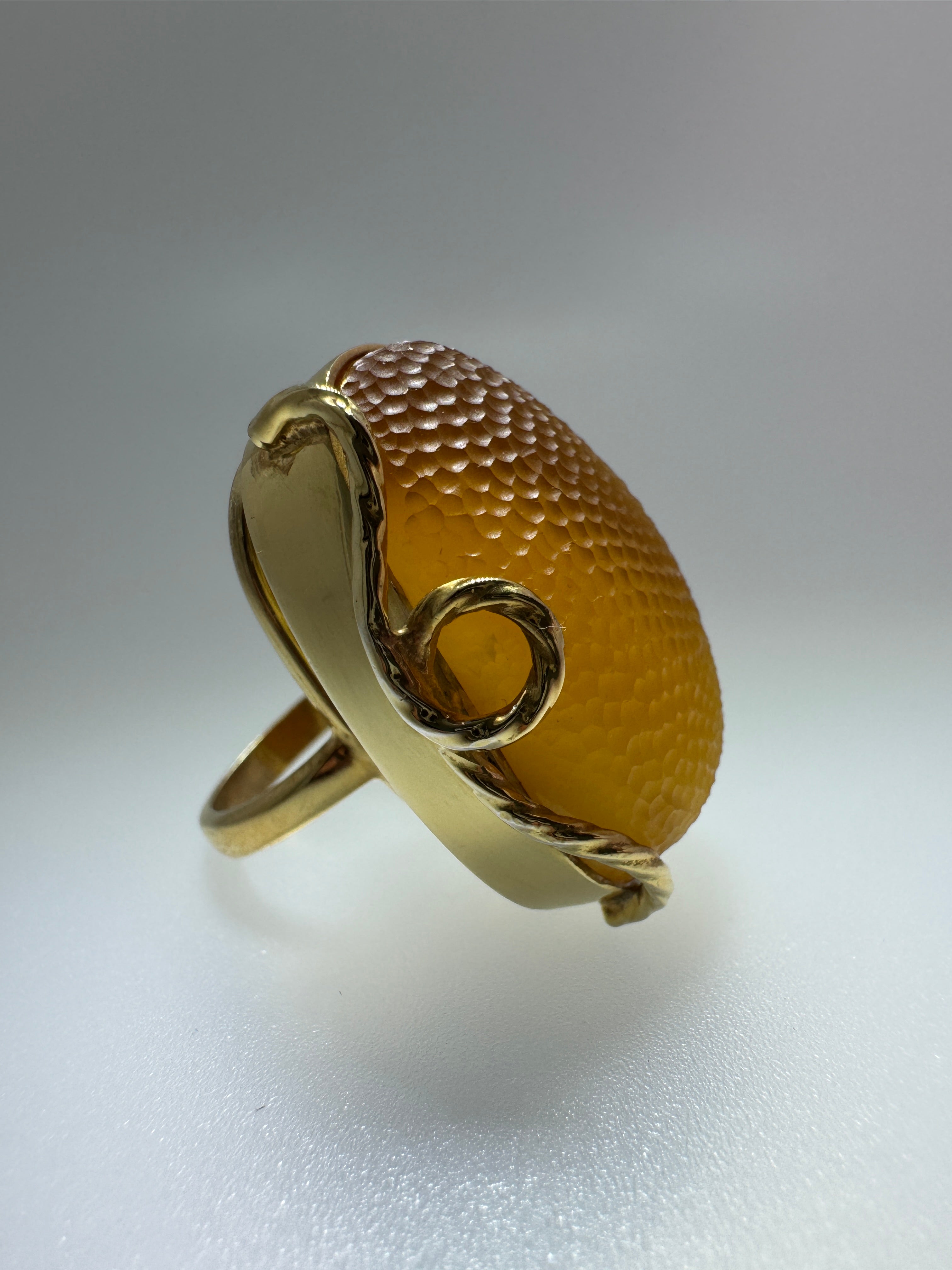 Handmade Poland Gold Plated Sterling Silver Honey Baltic Amber Snake Skin Statement Ring – Rare Rectangular Design