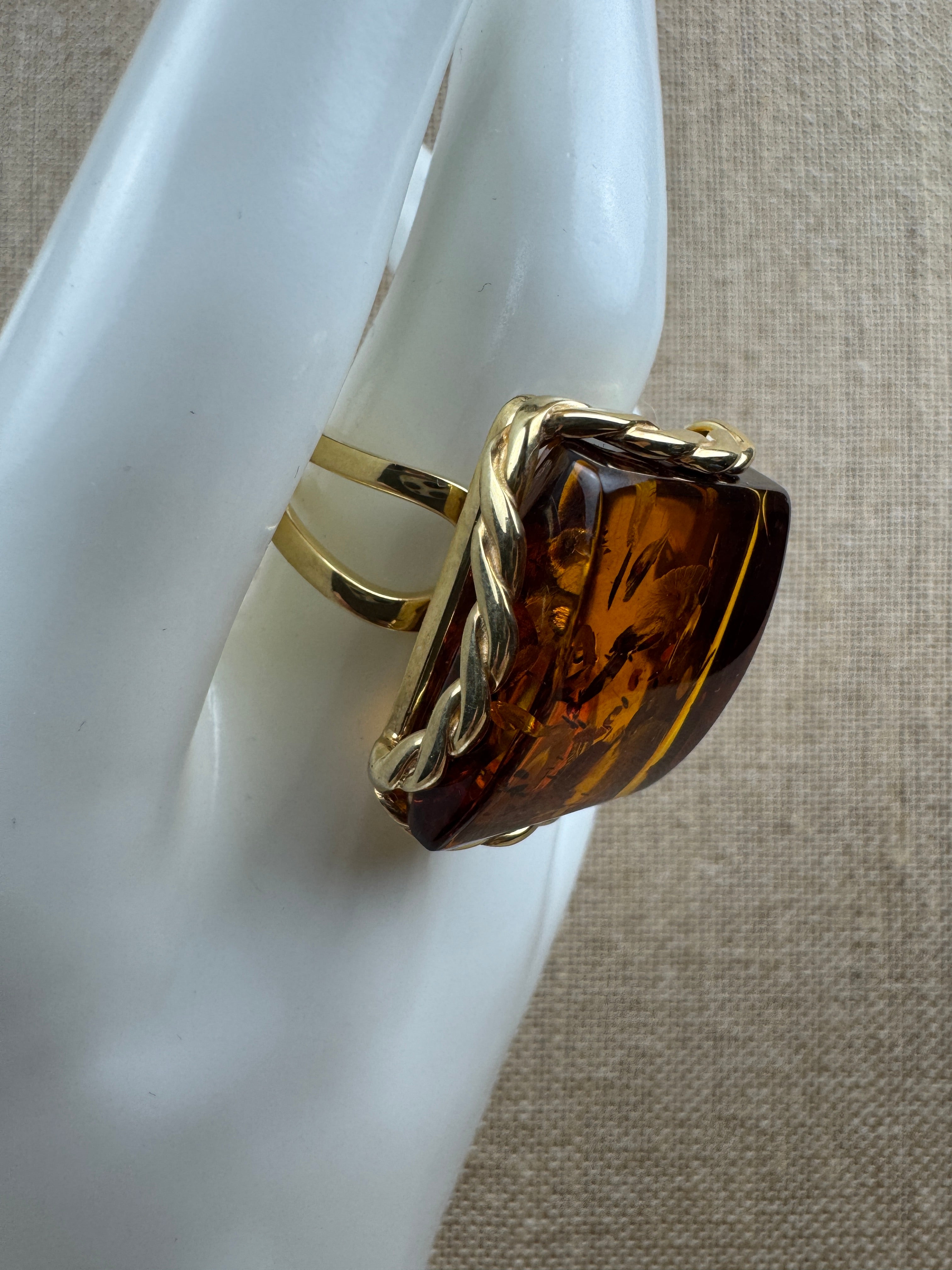 Handmade Poland Gold Plated Sterling Silver Rectangular Cognac Baltic Amber Cocktail Ring Adjustable Size