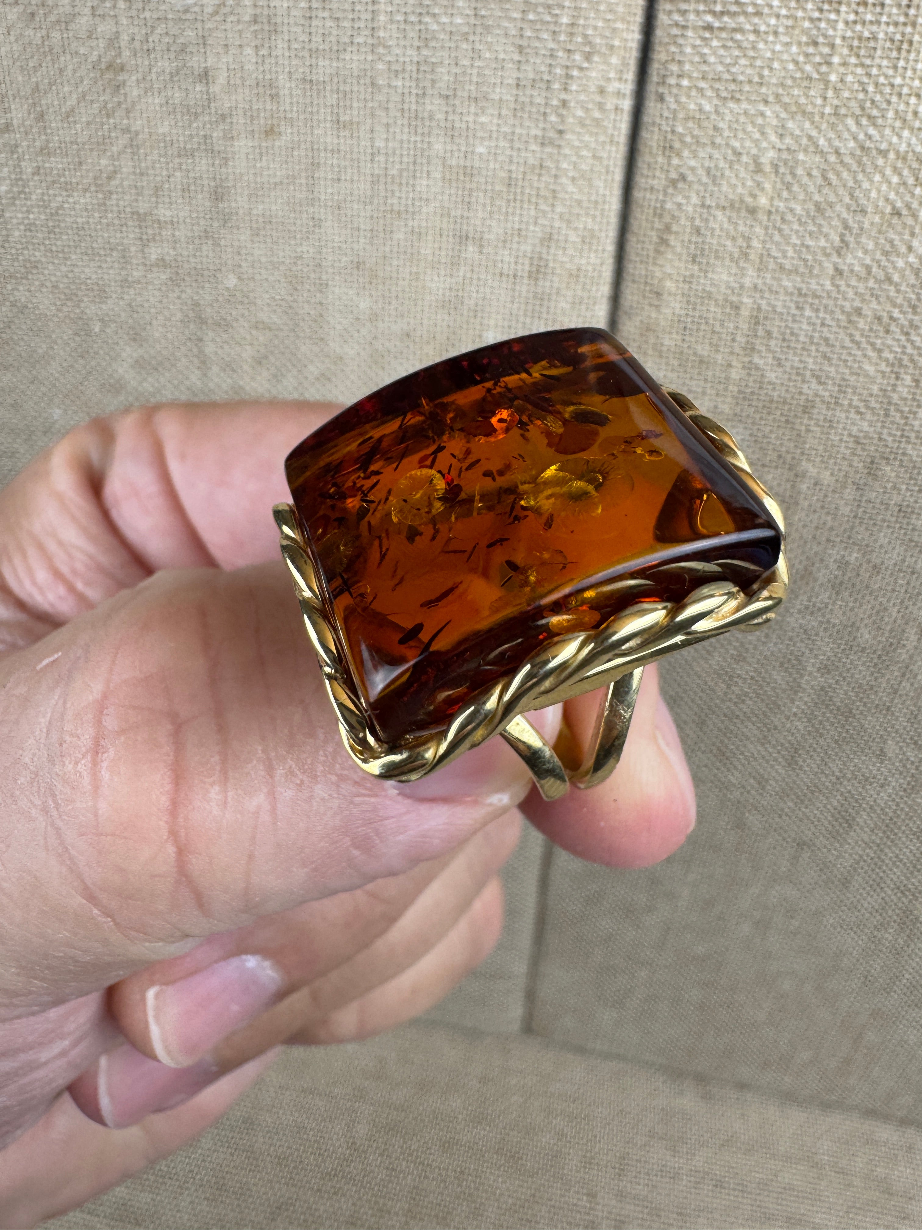 Handmade Poland Gold Plated Sterling Silver Rectangular Cognac Baltic Amber Cocktail Ring Adjustable Size