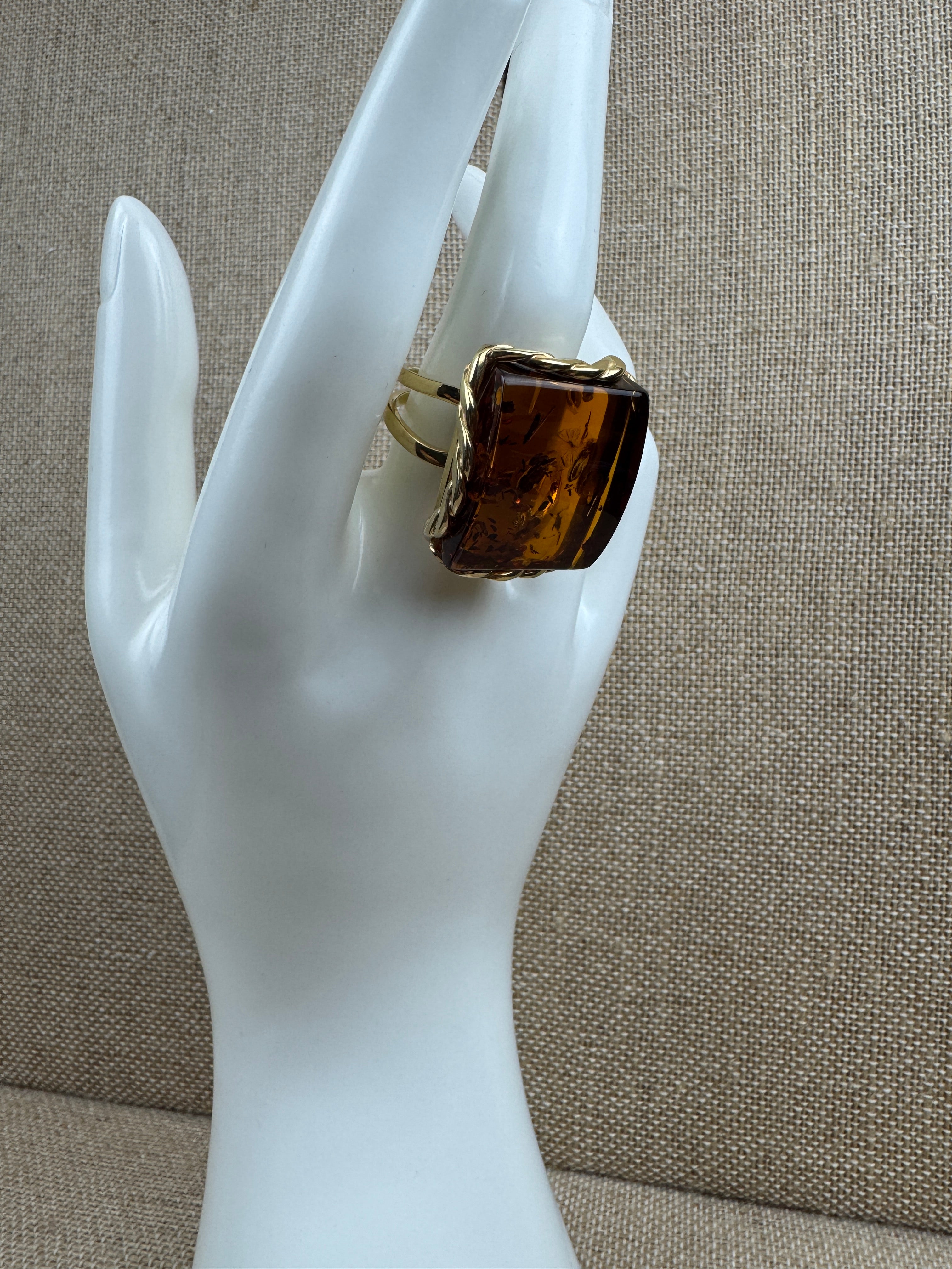 Handmade Poland Gold Plated Sterling Silver Rectangular Cognac Baltic Amber Cocktail Ring Adjustable Size