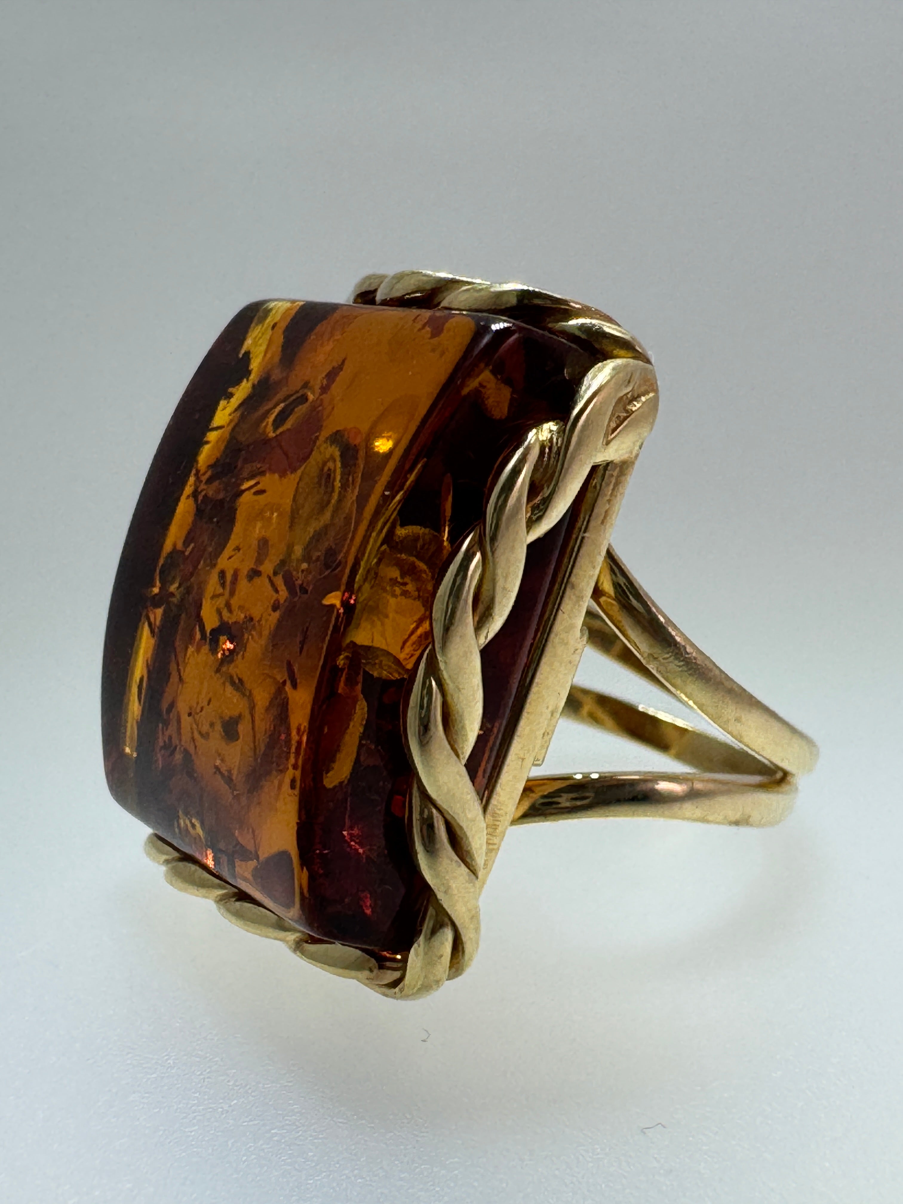 Handmade Poland Gold Plated Sterling Silver Rectangular Cognac Baltic Amber Cocktail Ring Adjustable Size