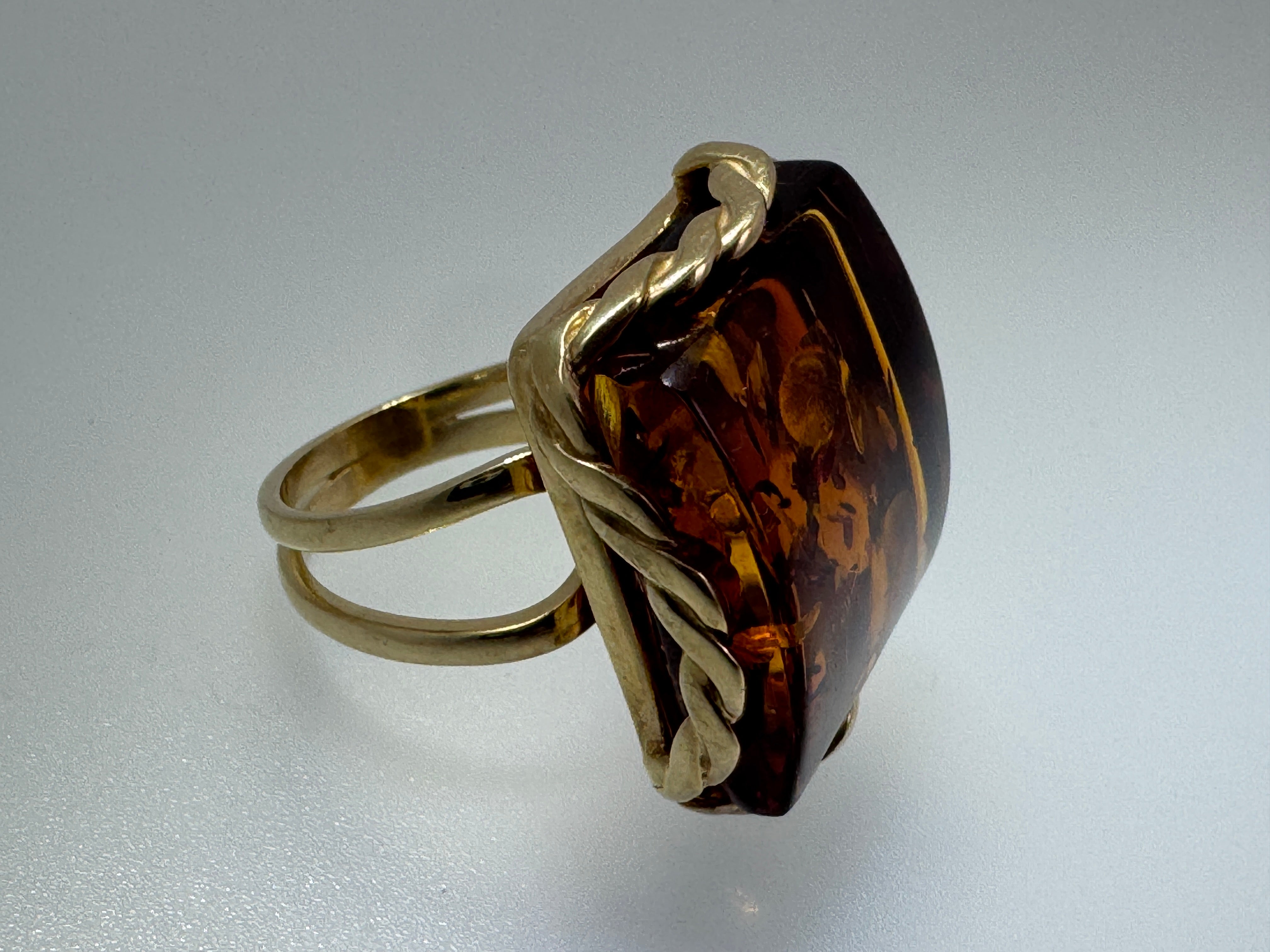 Handmade Poland Gold Plated Sterling Silver Rectangular Cognac Baltic Amber Cocktail Ring Adjustable Size