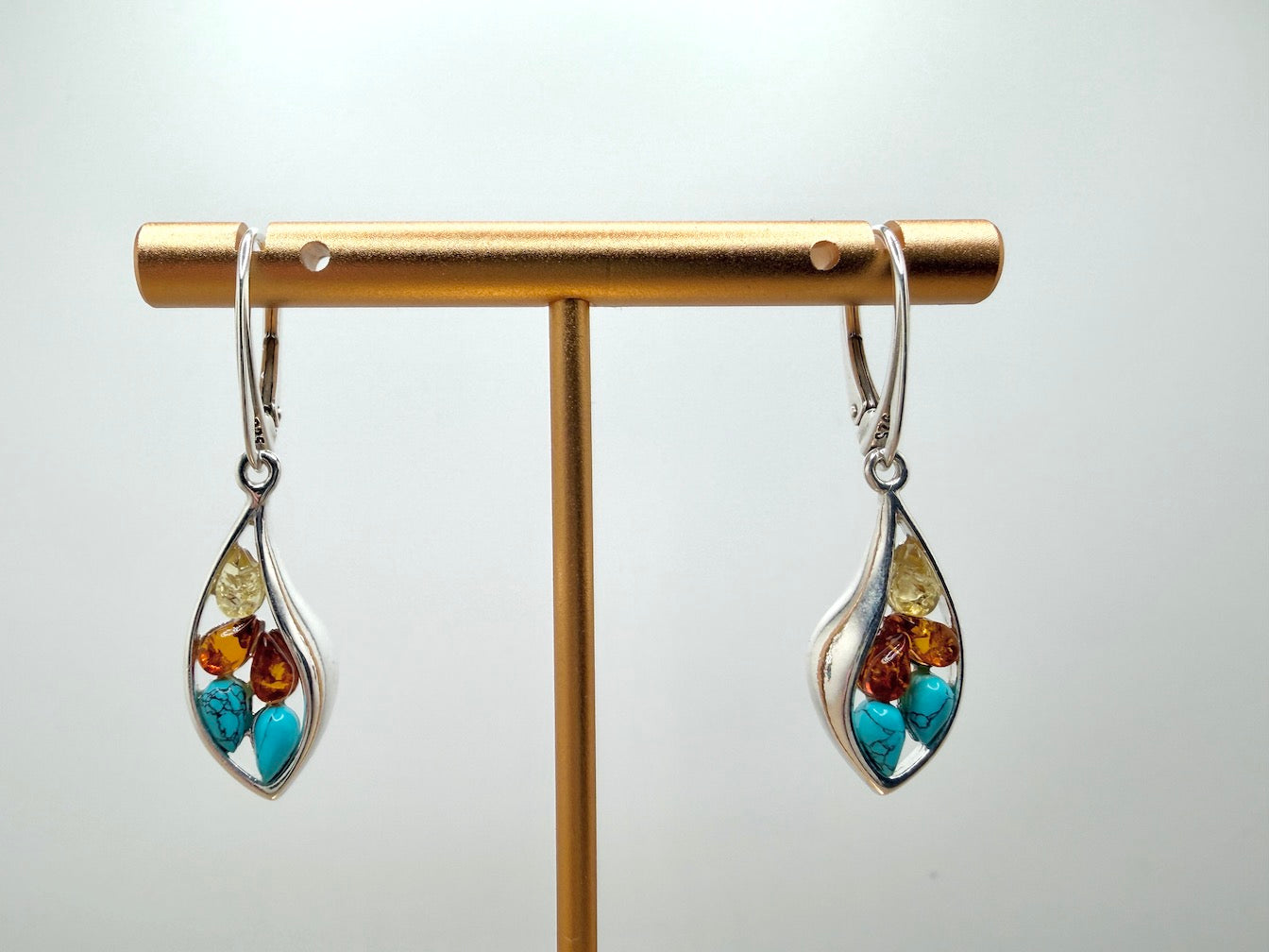 Handmade Poland Sterling Silver Honey & Lemon Baltic Amber + Blue Turquoise Drop Lever Back Earrings