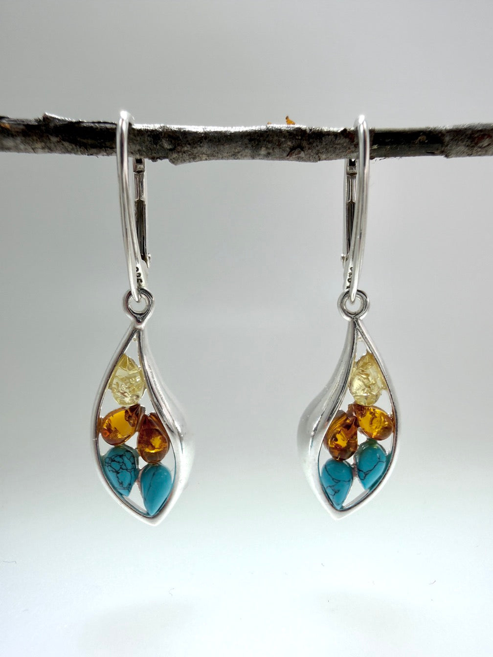 Handmade Poland Sterling Silver Honey & Lemon Baltic Amber + Blue Turquoise Drop Lever Back Earrings