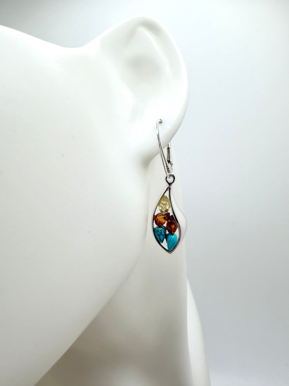 Handmade Poland Sterling Silver Honey & Lemon Baltic Amber + Blue Turquoise Drop Lever Back Earrings