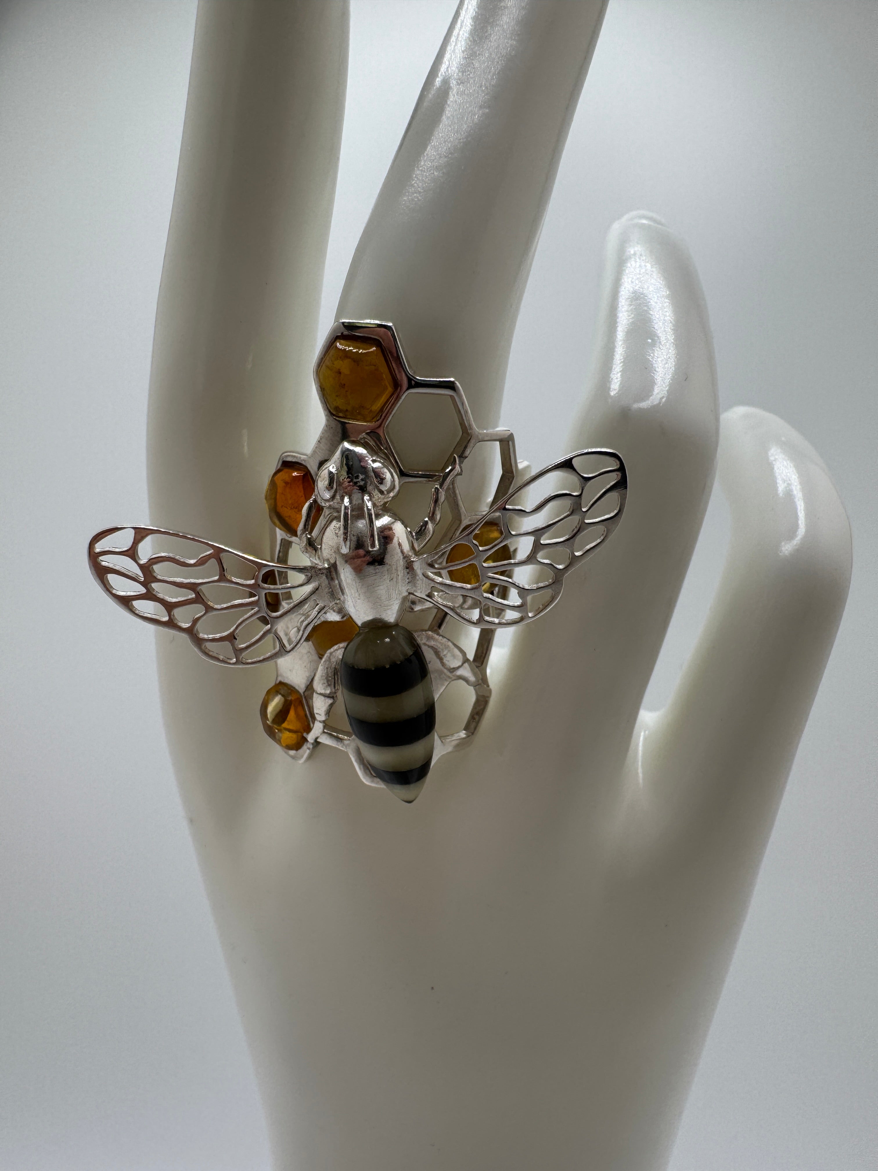 Handmade Sterling Silver Baltic Amber Bumblebee Ring | Honeycomb Design with Honey Amber Cabs | Adjustable One-of-a-Kind Artisan Jewelry