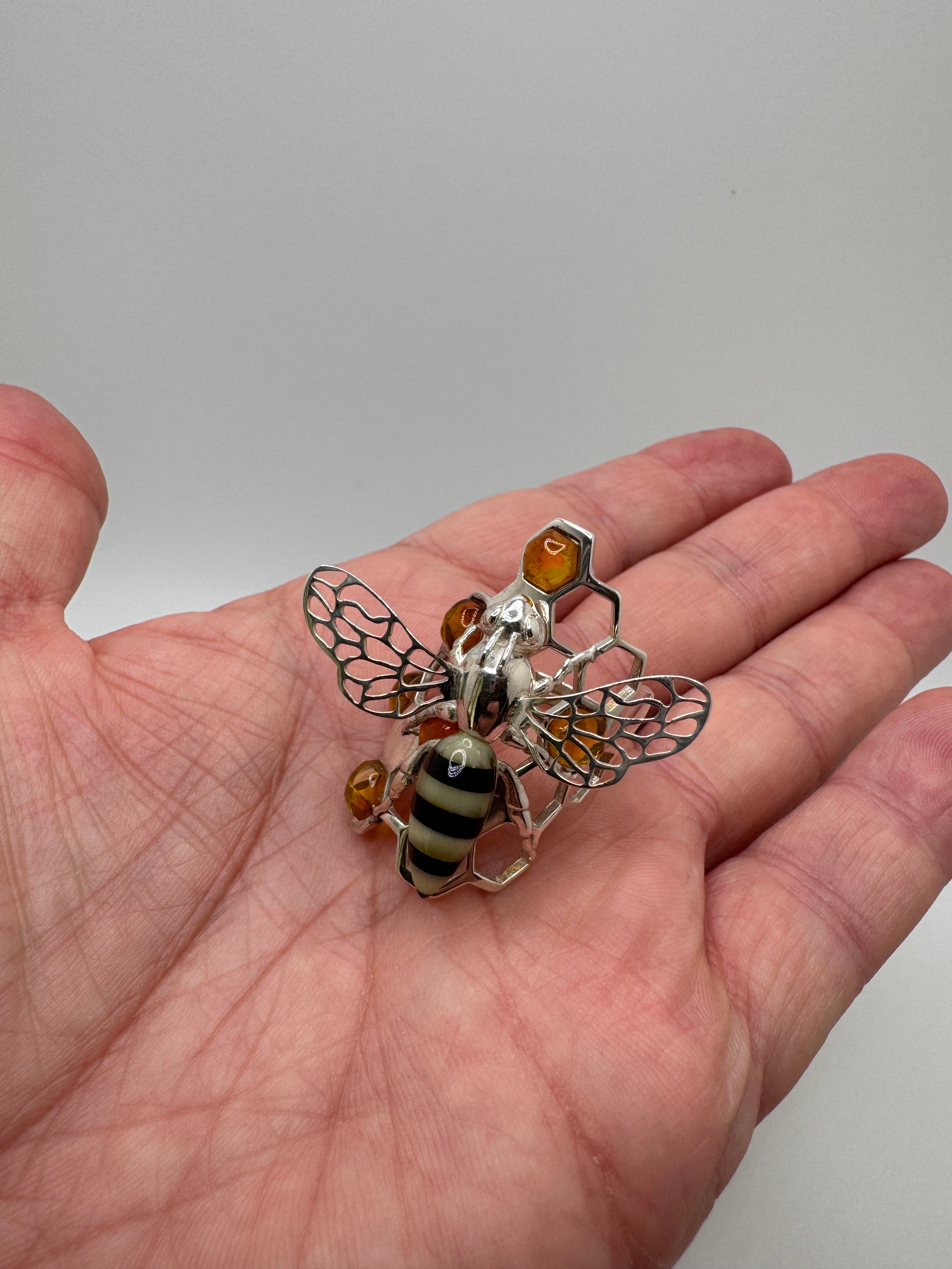 Handmade Sterling Silver Baltic Amber Bumblebee Ring | Honeycomb Design with Honey Amber Cabs | Adjustable One-of-a-Kind Artisan Jewelry