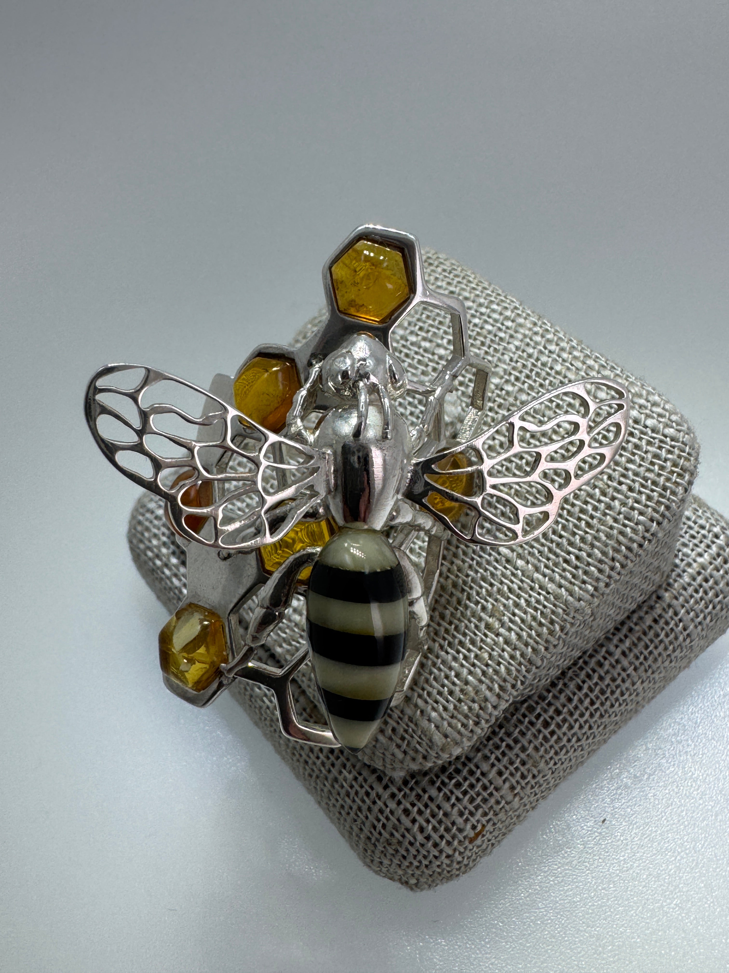 Handmade Sterling Silver Baltic Amber Bumblebee Ring | Honeycomb Design with Honey Amber Cabs | Adjustable One-of-a-Kind Artisan Jewelry