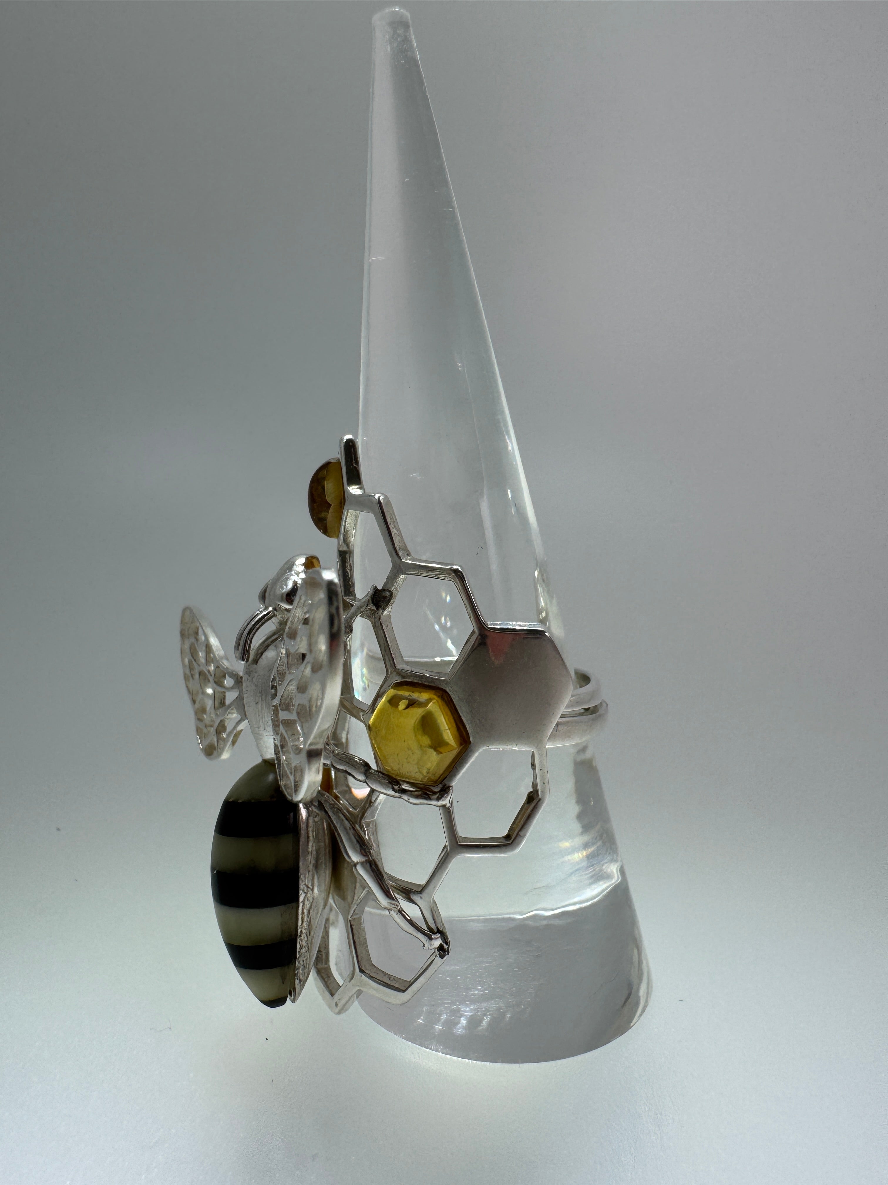 Handmade Sterling Silver Baltic Amber Bumblebee Ring | Honeycomb Design with Honey Amber Cabs | Adjustable One-of-a-Kind Artisan Jewelry
