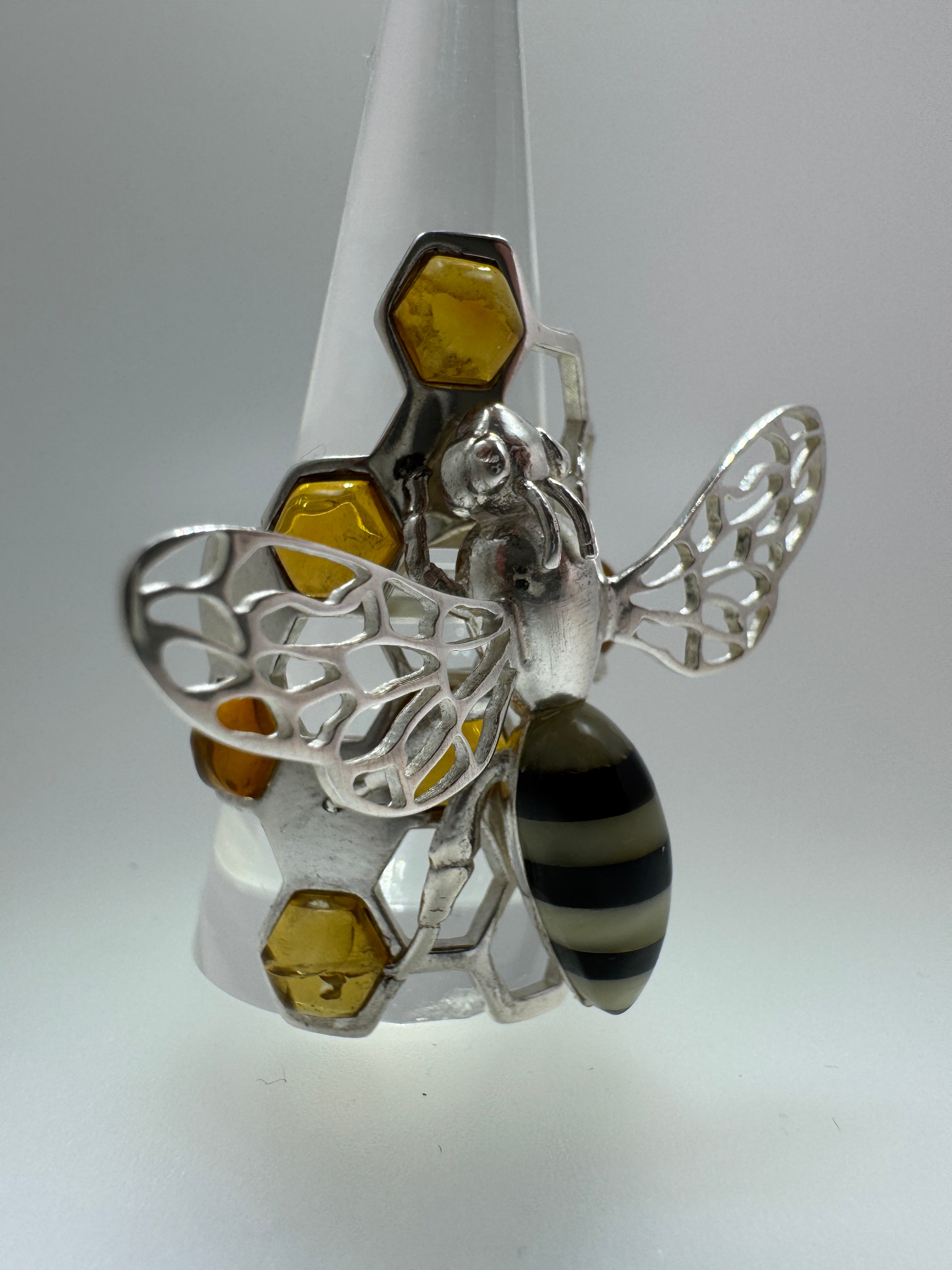 Handmade Sterling Silver Baltic Amber Bumblebee Ring | Honeycomb Design with Honey Amber Cabs | Adjustable One-of-a-Kind Artisan Jewelry