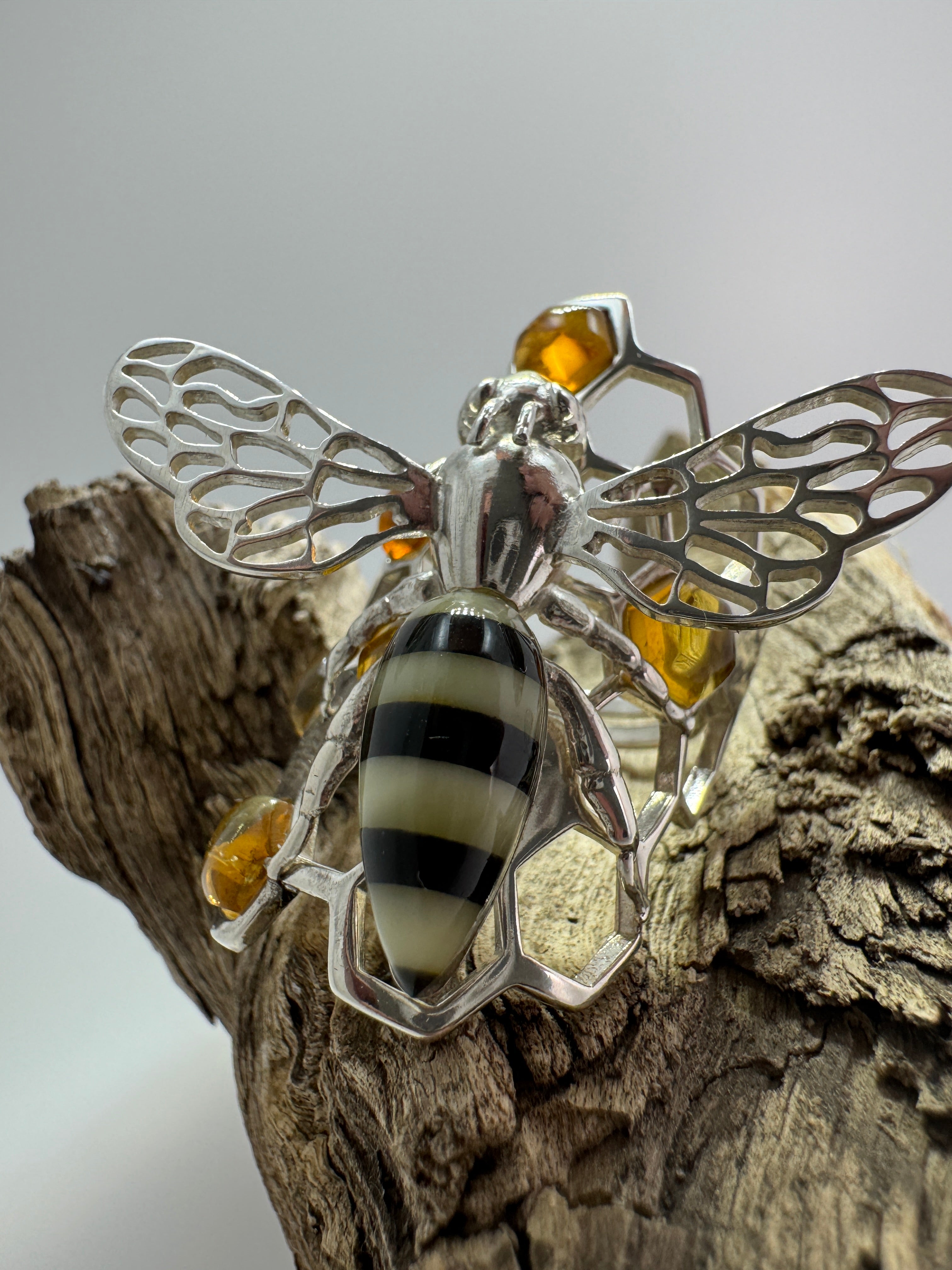 Handmade Sterling Silver Baltic Amber Bumblebee Ring | Honeycomb Design with Honey Amber Cabs | Adjustable One-of-a-Kind Artisan Jewelry