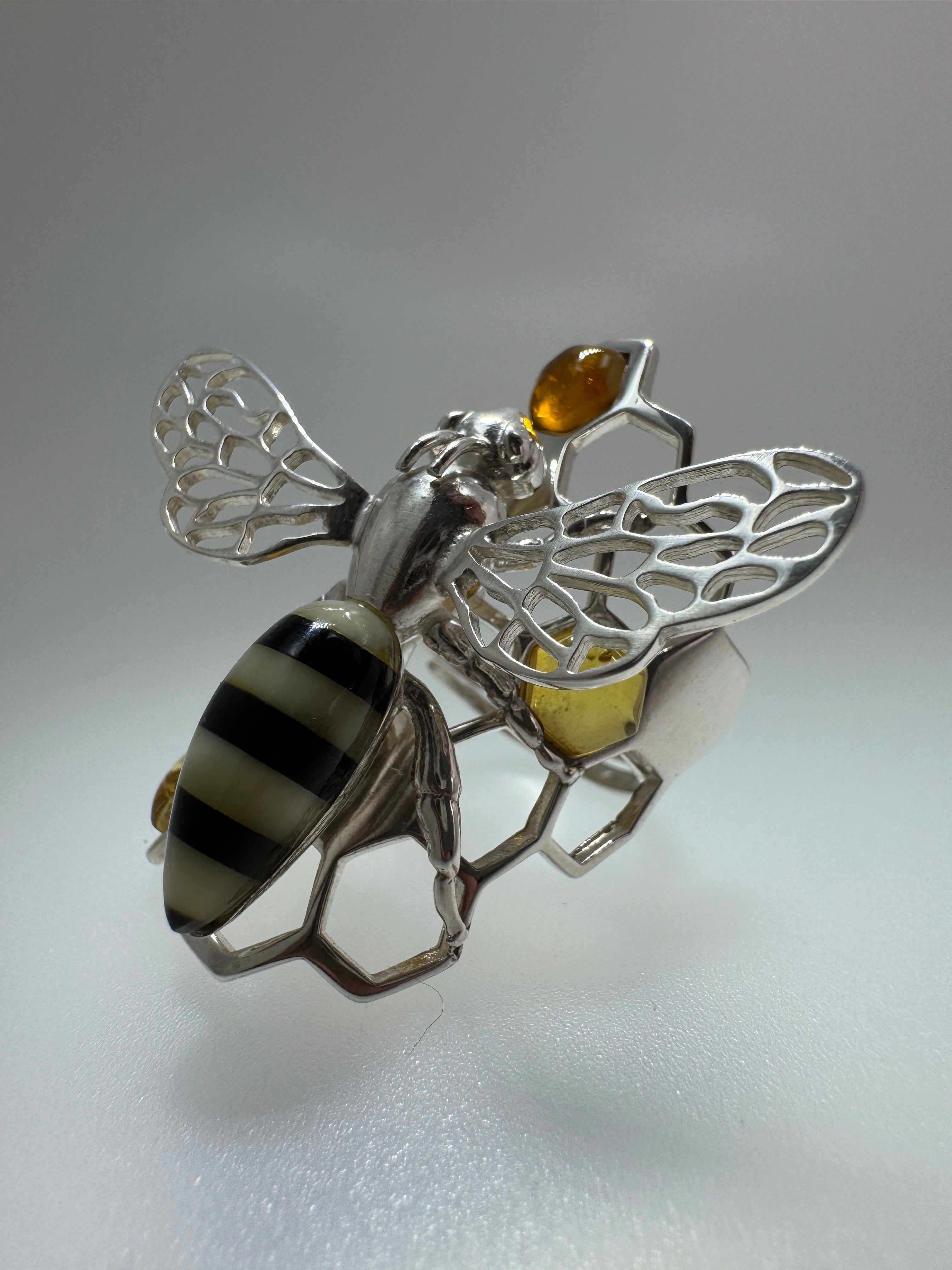 Handmade Sterling Silver Baltic Amber Bumblebee Ring | Honeycomb Design with Honey Amber Cabs | Adjustable One-of-a-Kind Artisan Jewelry