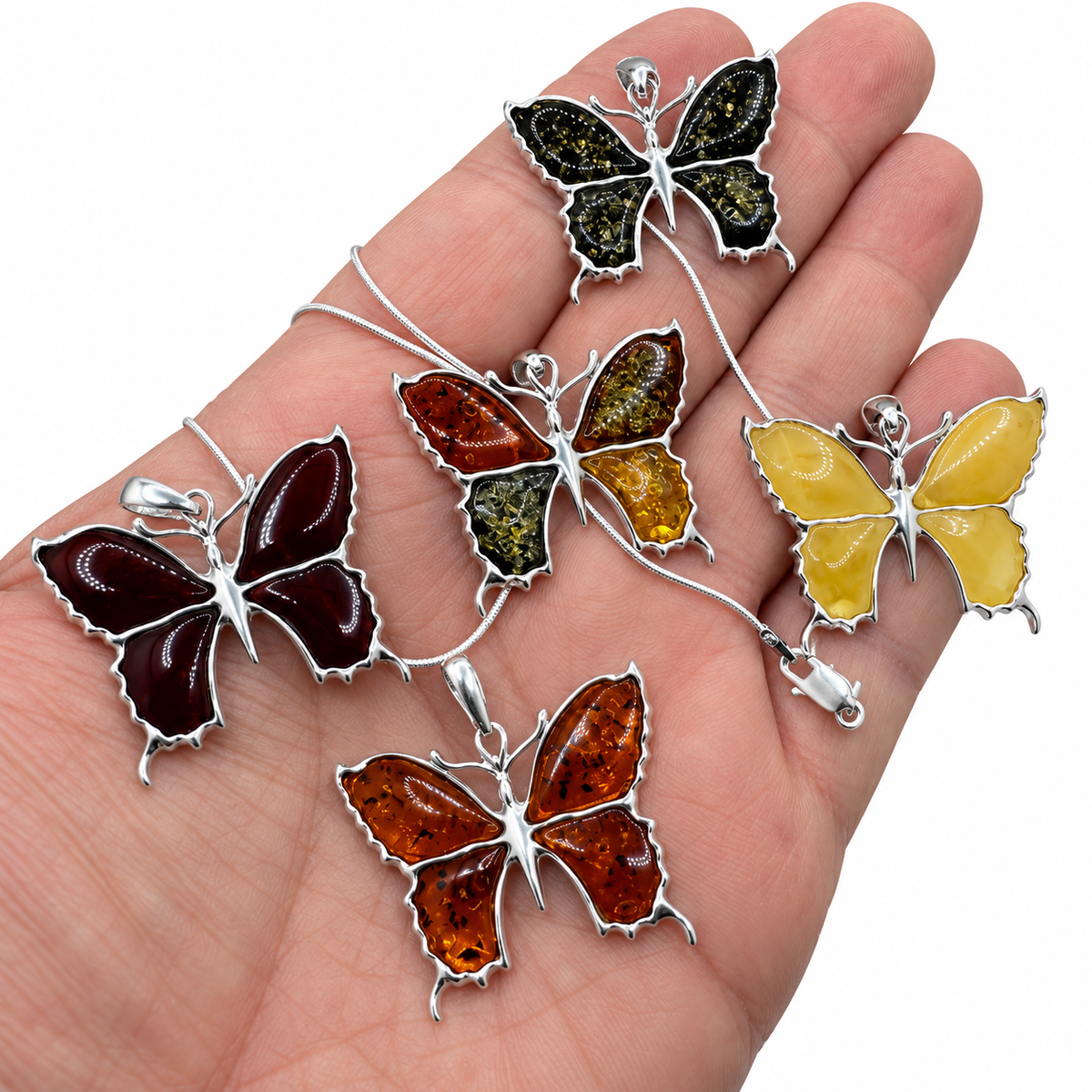 Handmade Sterling Silver Baltic Amber Butterfly Pendant Necklace – Honey, Green, Lemon, Cherry, or Multicolor