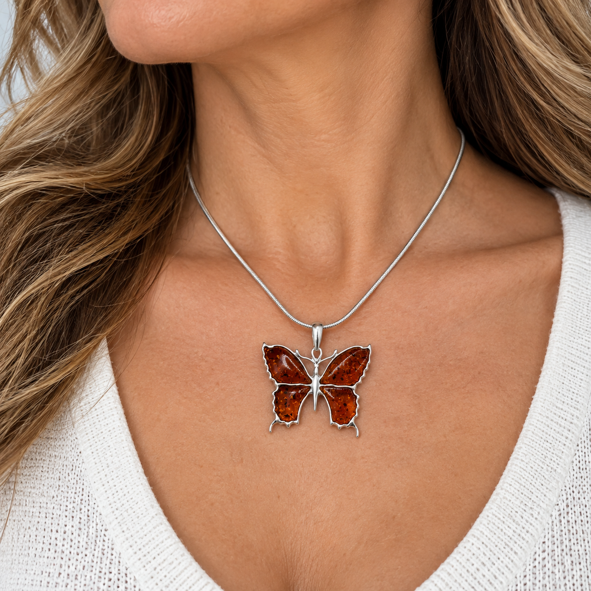 Handmade Sterling Silver Baltic Amber Butterfly Pendant Necklace