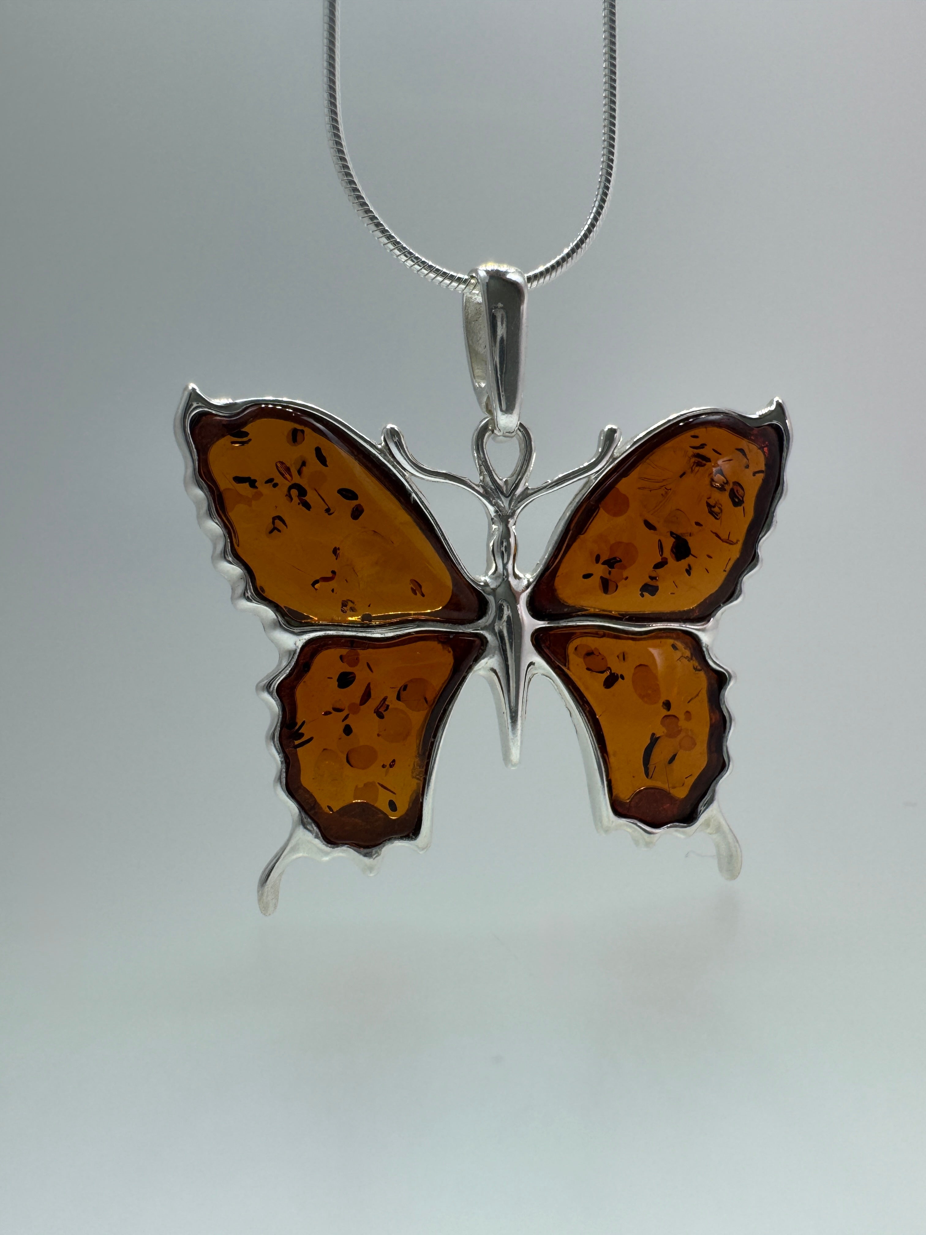 Handmade Sterling Silver Baltic Amber Butterfly Pendant Necklace – Honey, Green, Lemon, Cherry, or Multicolor