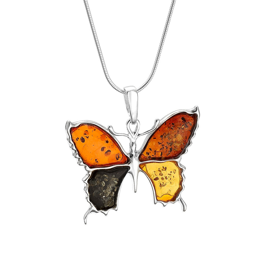 Handmade Sterling Silver Baltic Amber Butterfly Pendant Necklace