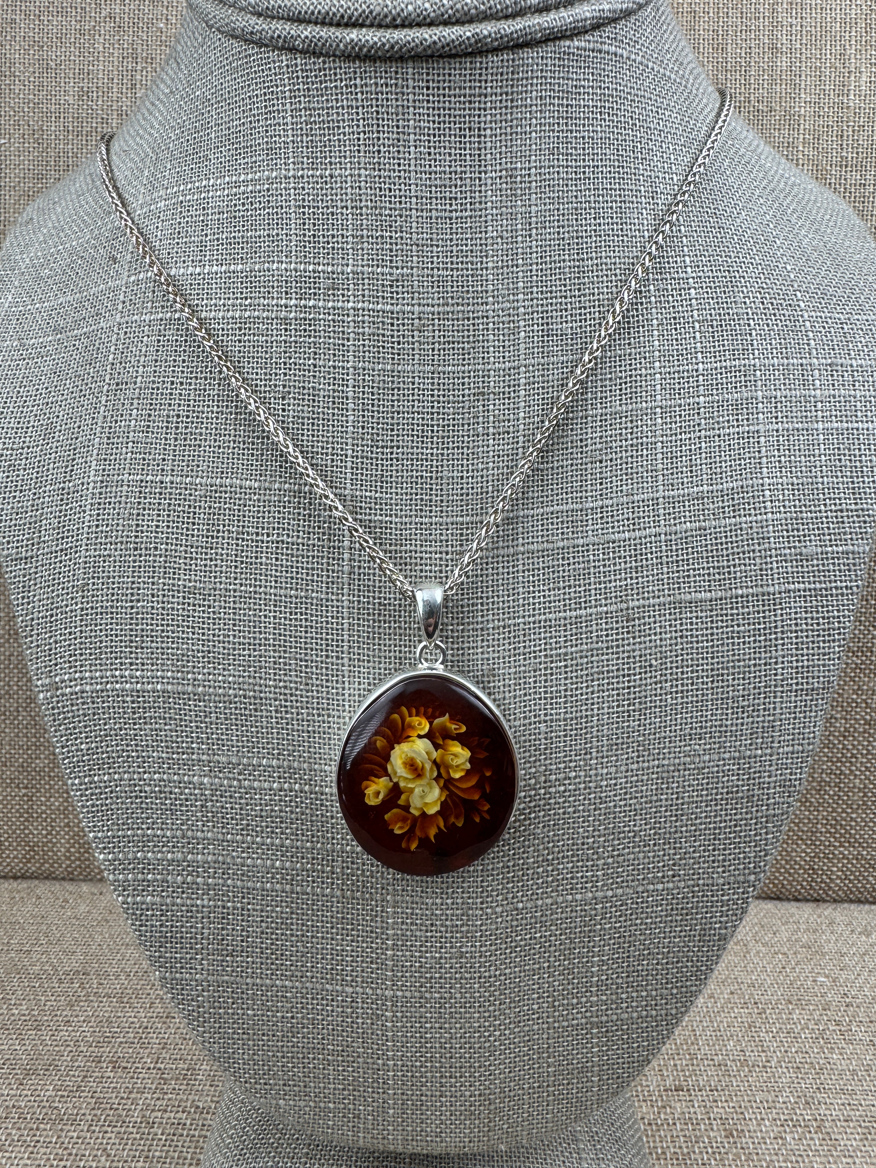 Handmade Sterling Silver Baltic Amber Cameo Intaglio Pendant Necklace – Intricately Carved Flower Design – Genuine Amber from Poland