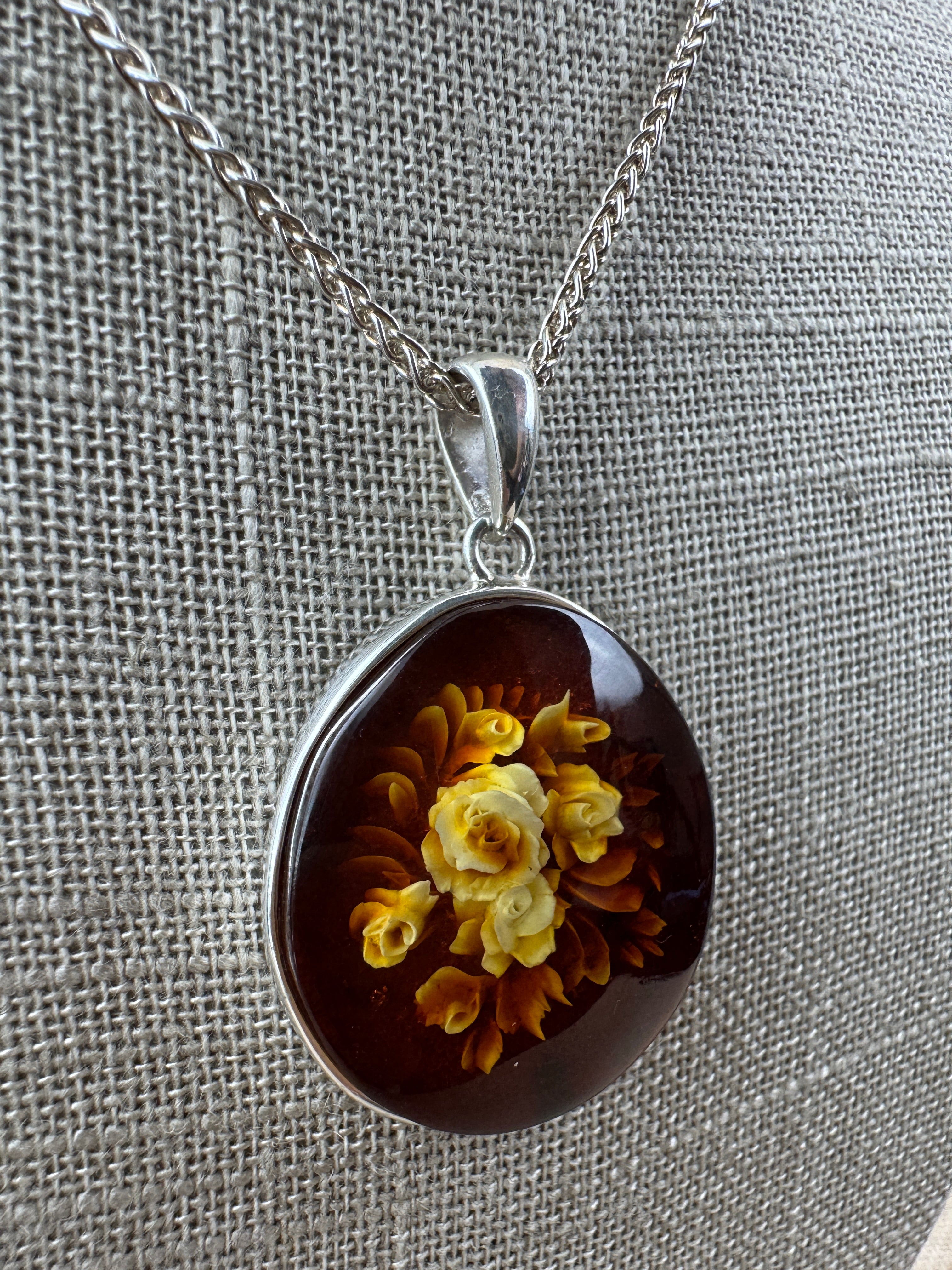 Handmade Sterling Silver Baltic Amber Cameo Intaglio Pendant Necklace – Intricately Carved Flower Design – Genuine Amber from Poland