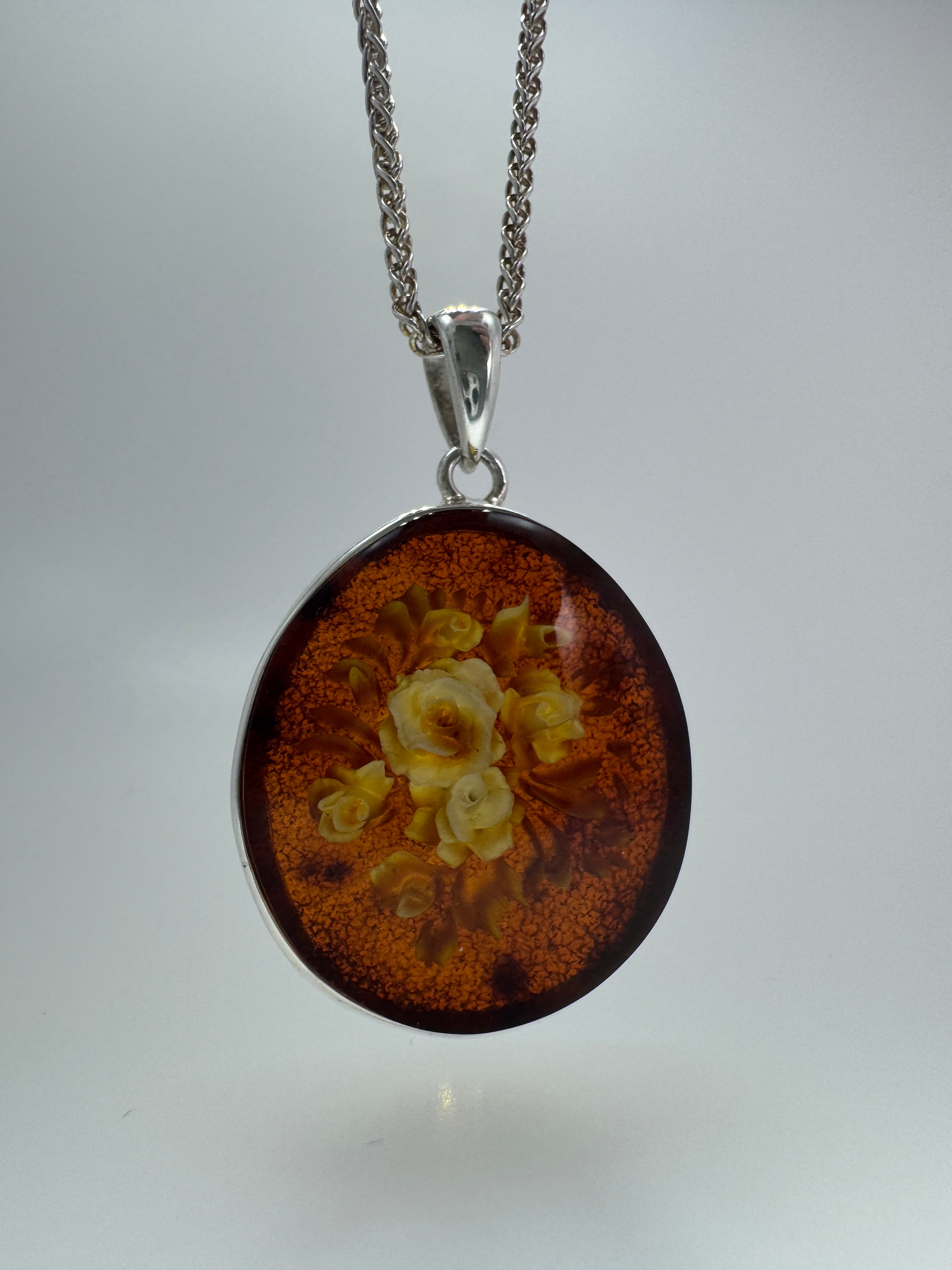Handmade Sterling Silver Baltic Amber Cameo Intaglio Pendant Necklace – Intricately Carved Flower Design – Genuine Amber from Poland