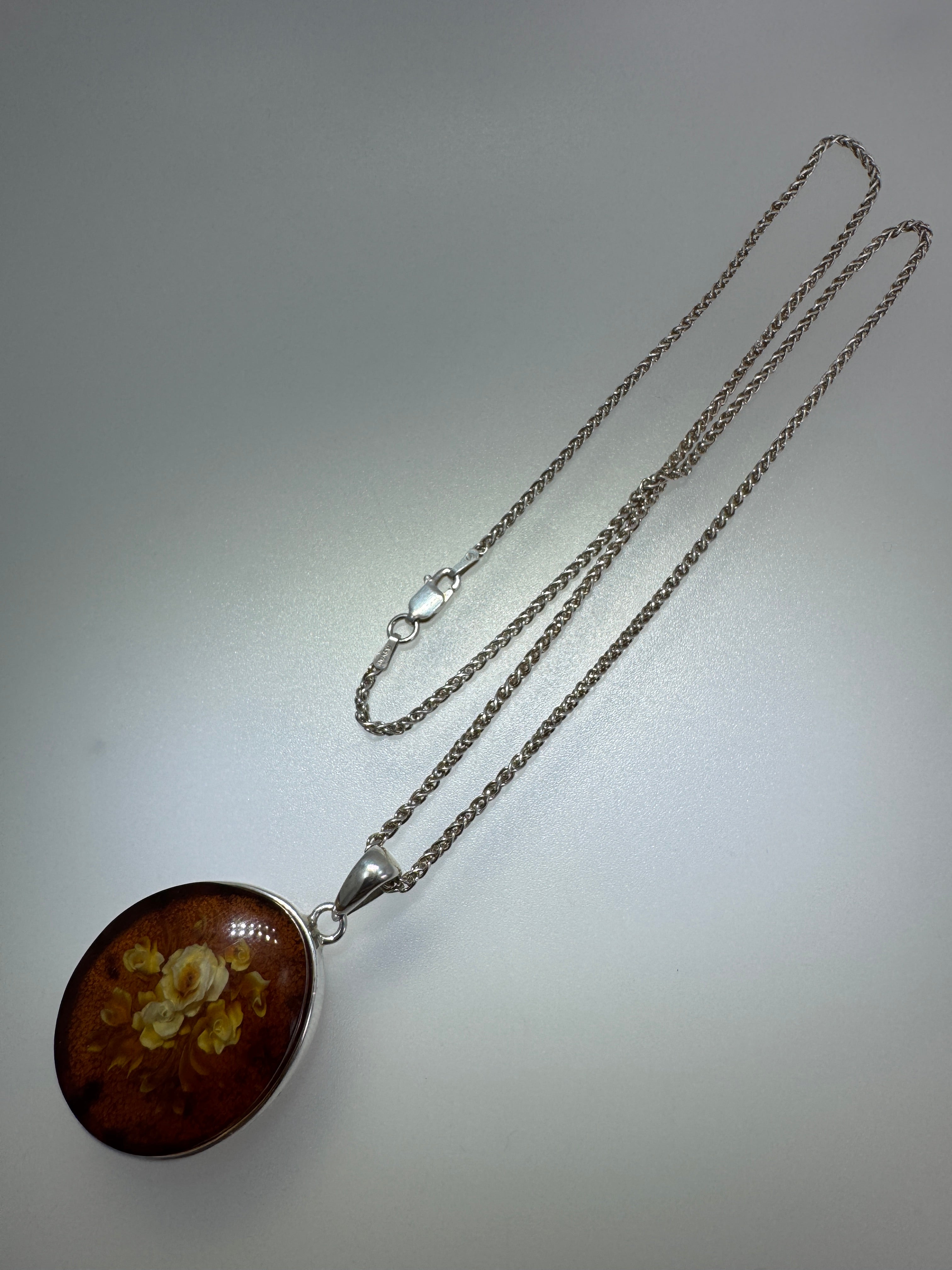 Handmade Sterling Silver Baltic Amber Cameo Intaglio Pendant Necklace – Intricately Carved Flower Design – Genuine Amber from Poland