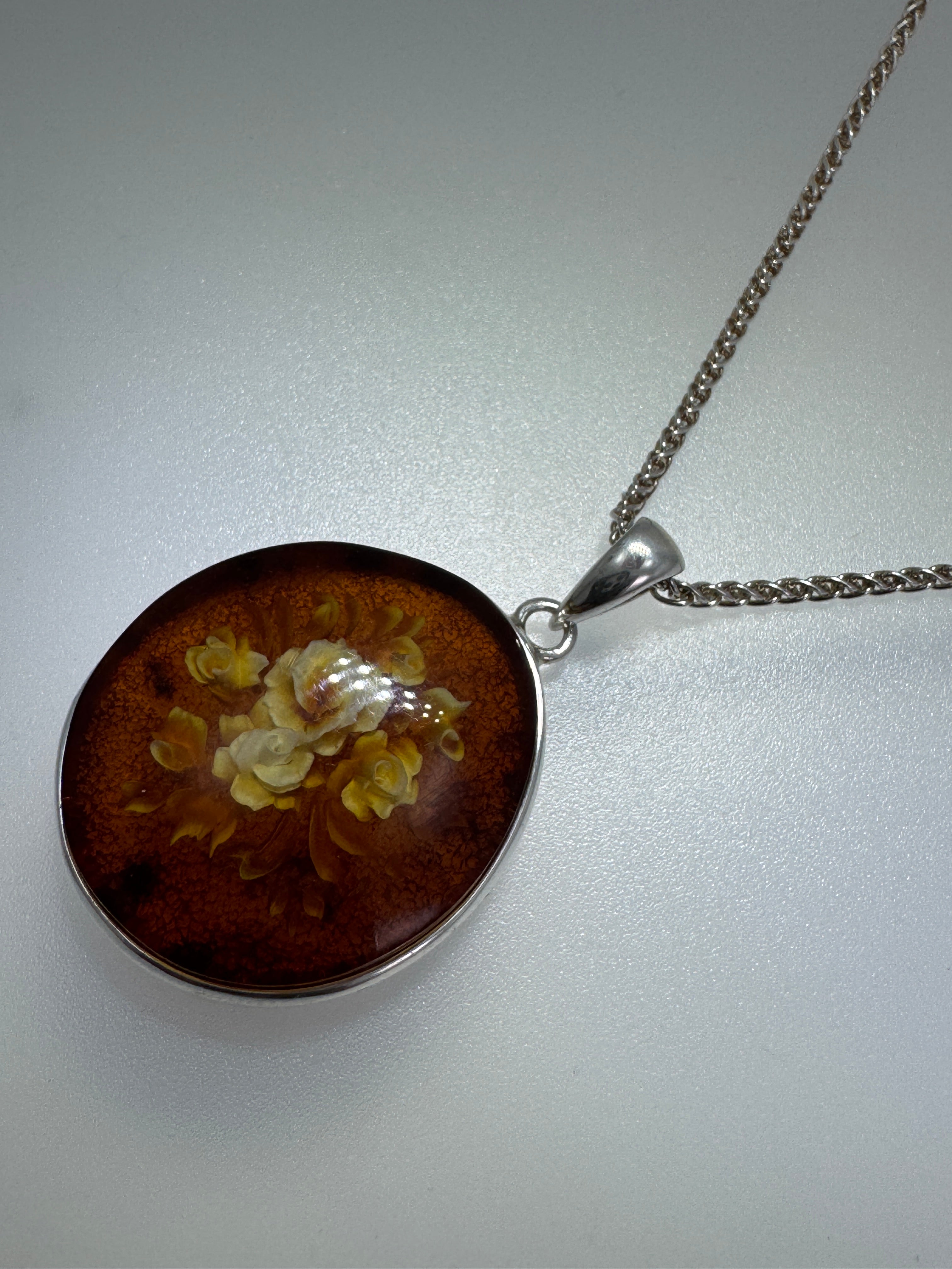 Handmade Sterling Silver Baltic Amber Cameo Intaglio Pendant Necklace – Intricately Carved Flower Design – Genuine Amber from Poland