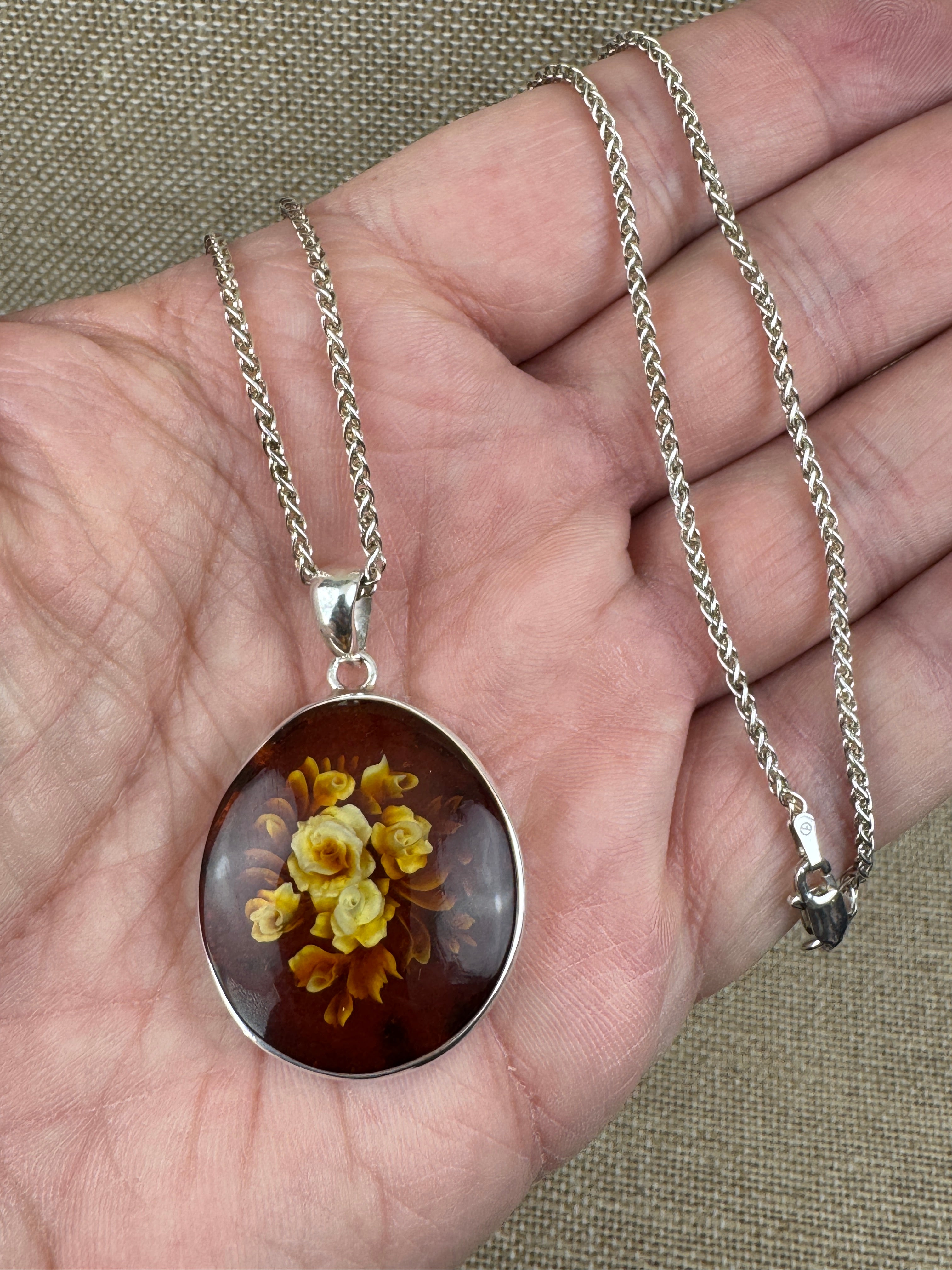 Handmade Sterling Silver Baltic Amber Cameo Intaglio Pendant Necklace – Intricately Carved Flower Design – Genuine Amber from Poland