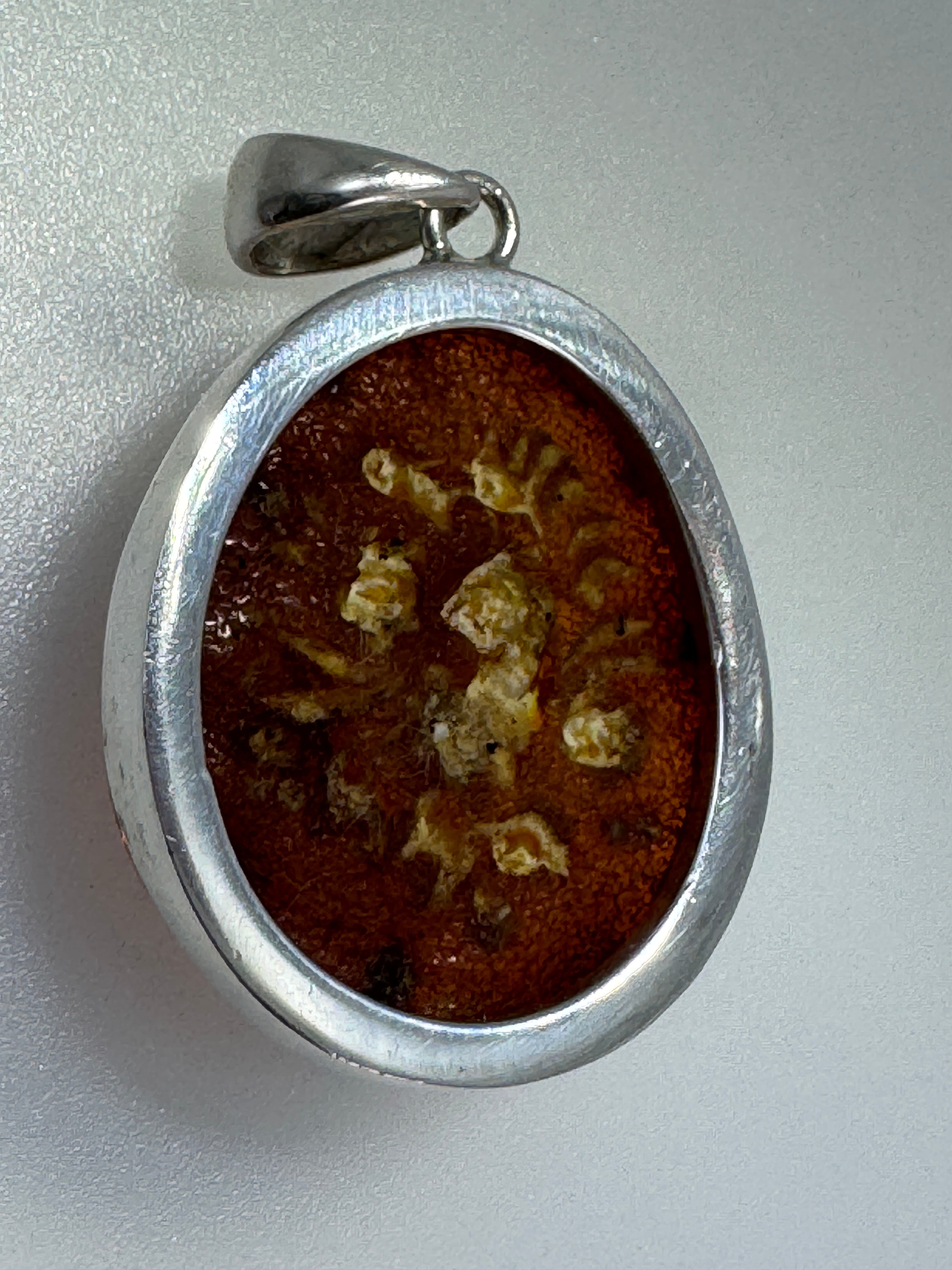 Handmade Sterling Silver Baltic Amber Cameo Intaglio Pendant Necklace – Intricately Carved Flower Design – Genuine Amber from Poland