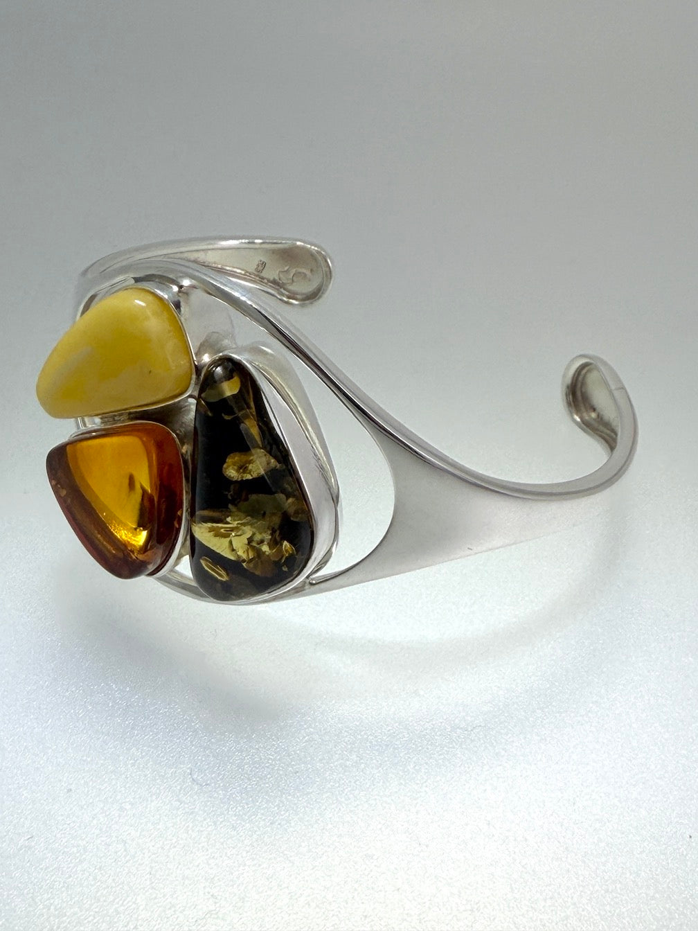 Handmade Sterling Silver Baltic Amber Cuff Bracelet – Green, Honey & Butterscotch Statement Piece