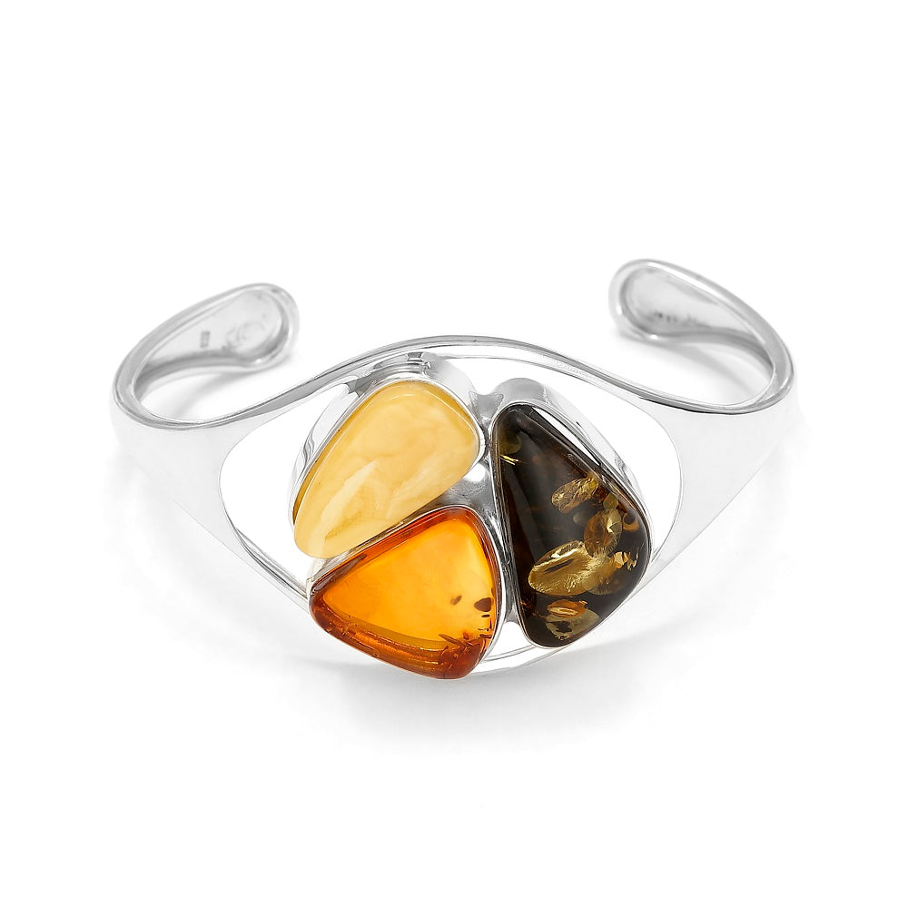 Handmade Sterling Silver Baltic Amber Cuff Bracelet – Green, Honey & Butterscotch Statement Piece