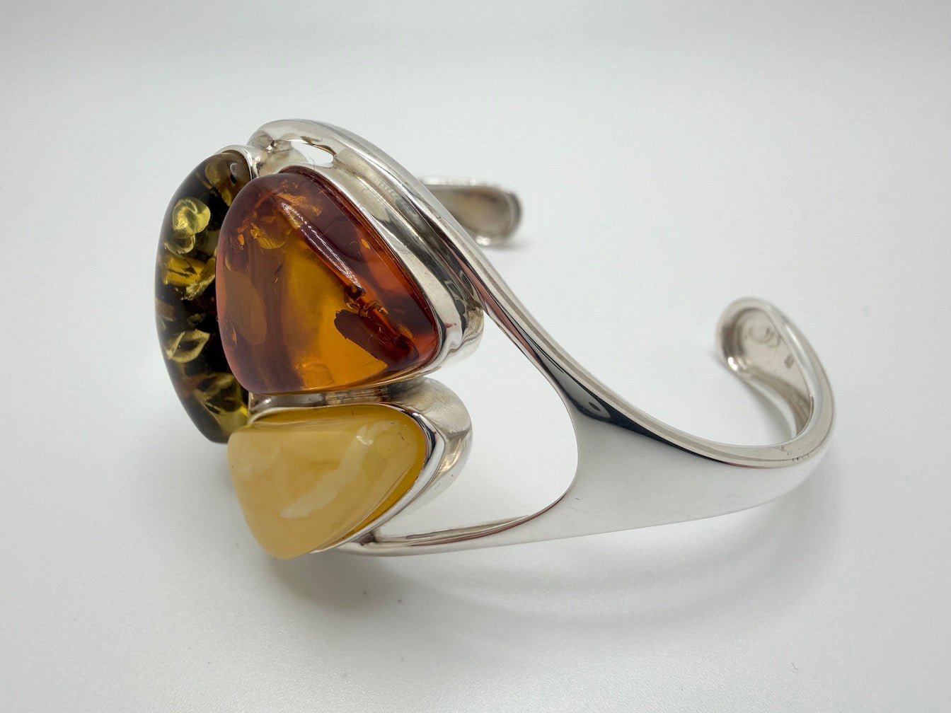 Handmade Sterling Silver Baltic Amber Cuff Bracelet – Green, Honey & Butterscotch Statement Piece