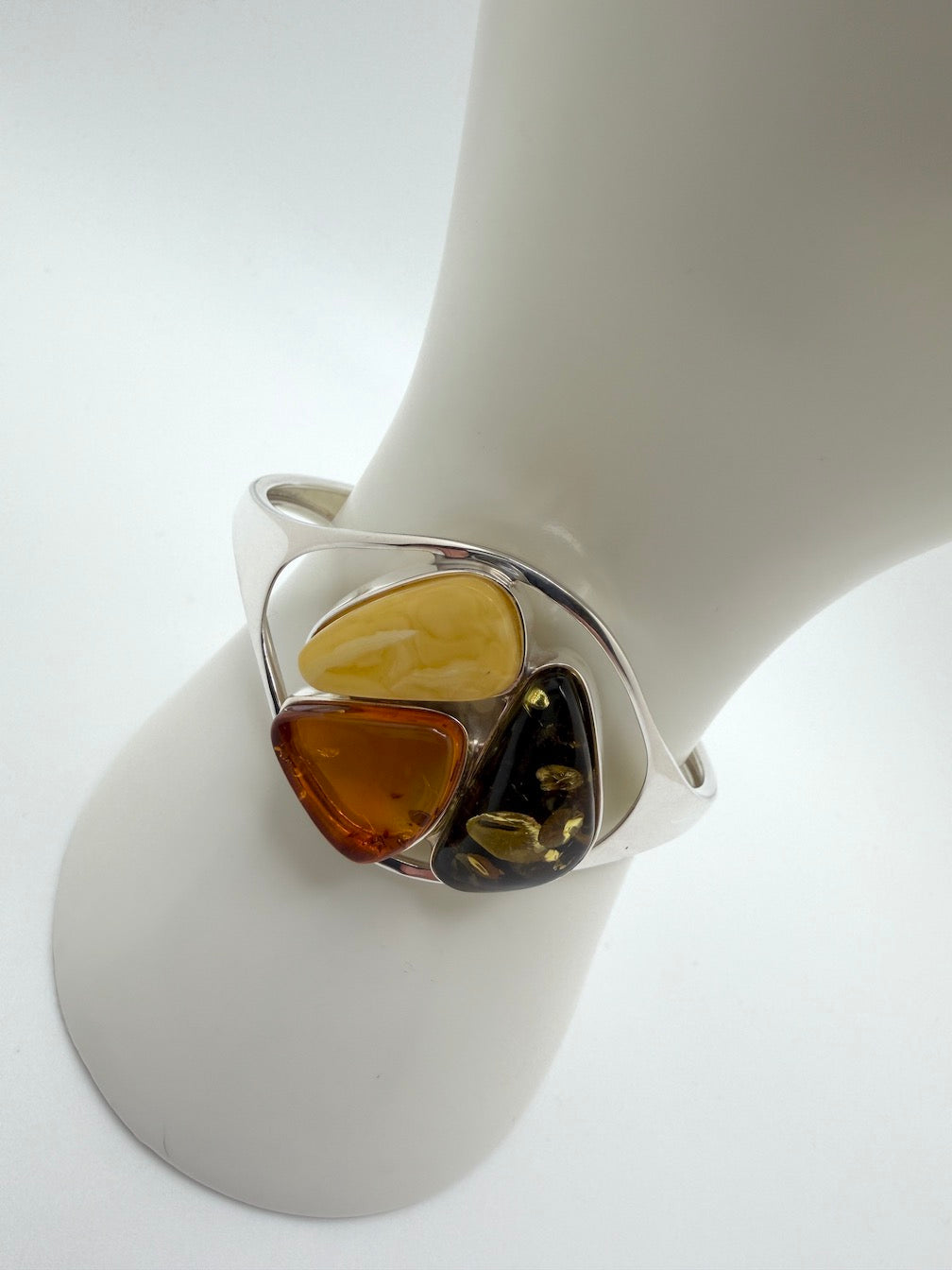 Handmade Sterling Silver Baltic Amber Cuff Bracelet – Green, Honey & Butterscotch Statement Piece