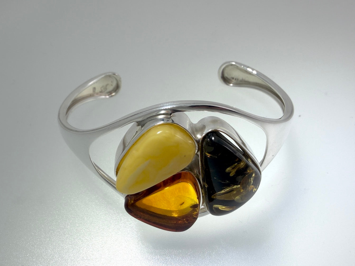 Handmade Sterling Silver Baltic Amber Cuff Bracelet – Green, Honey & Butterscotch Statement Piece