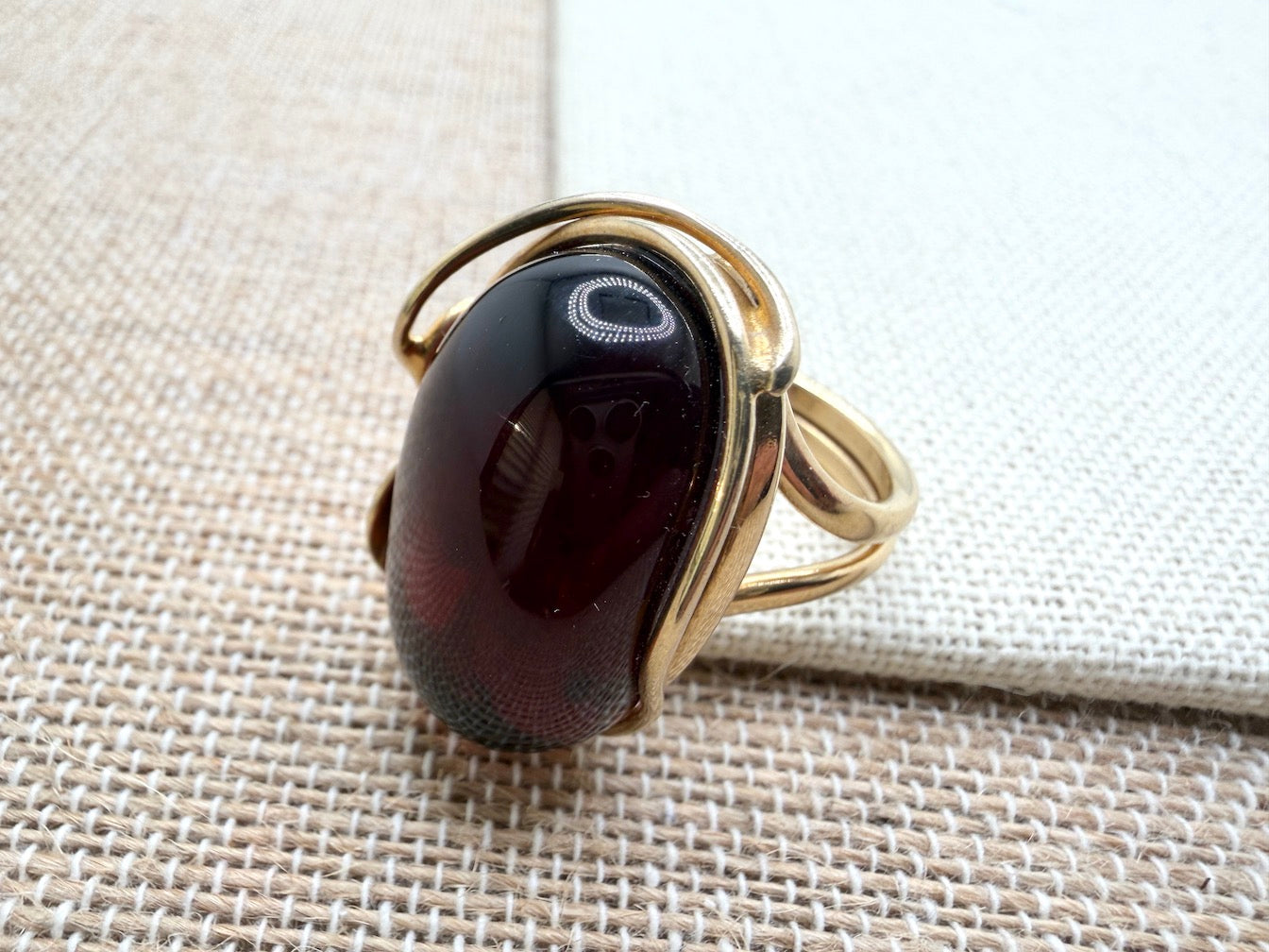 Handmade Sterling Silver Baltic Amber Ring Cherry Color Adjustable | Open Shank Ring Made in Poland | Genuine Amber Statement Ring