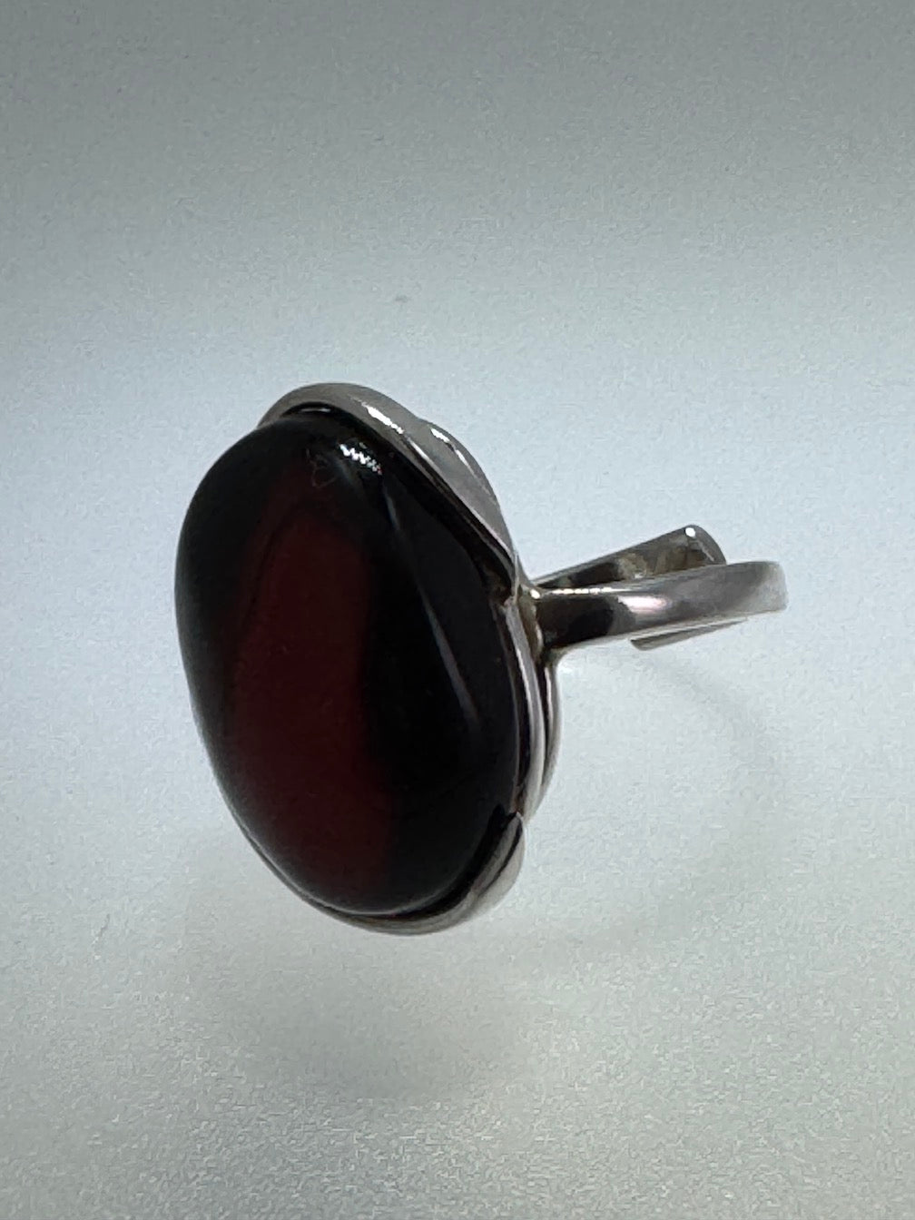 Handmade Sterling Silver Baltic Amber Ring Cherry Color Adjustable | Open Shank Ring Made in Poland | Genuine Amber Statement Ring