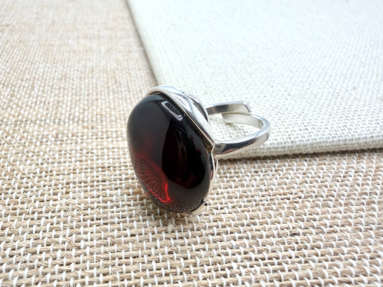 Handmade Sterling Silver Baltic Amber Ring Cherry Color Adjustable | Open Shank Ring Made in Poland | Genuine Amber Statement Ring