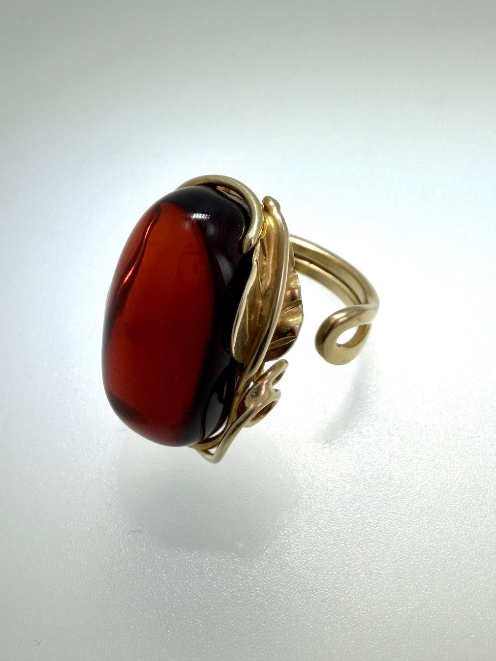 Handmade Sterling Silver Baltic Amber Ring Cherry Color Adjustable | Open Shank Ring Made in Poland | Genuine Amber Statement Ring