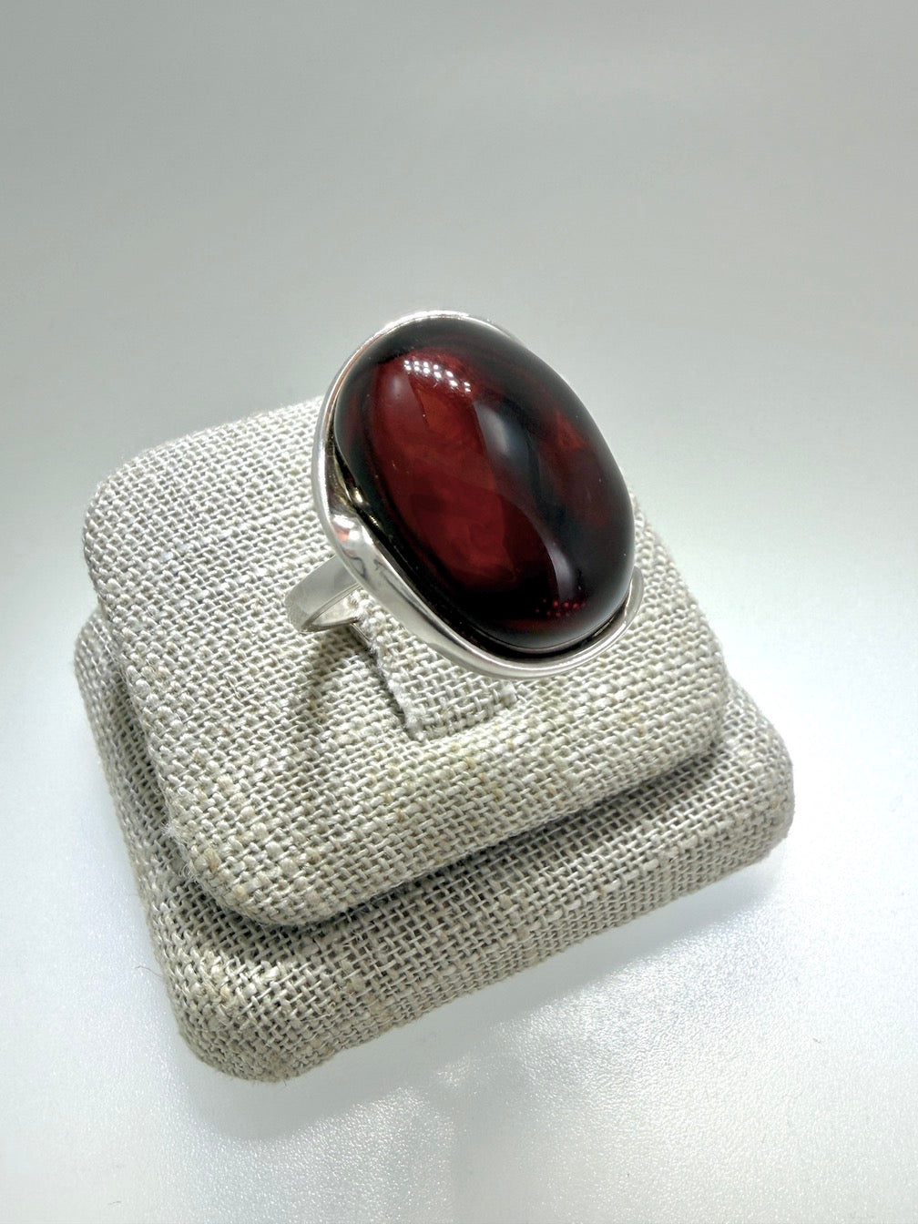 Handmade Sterling Silver Baltic Amber Ring Cherry Color Adjustable | Open Shank Ring Made in Poland | Genuine Amber Statement Ring