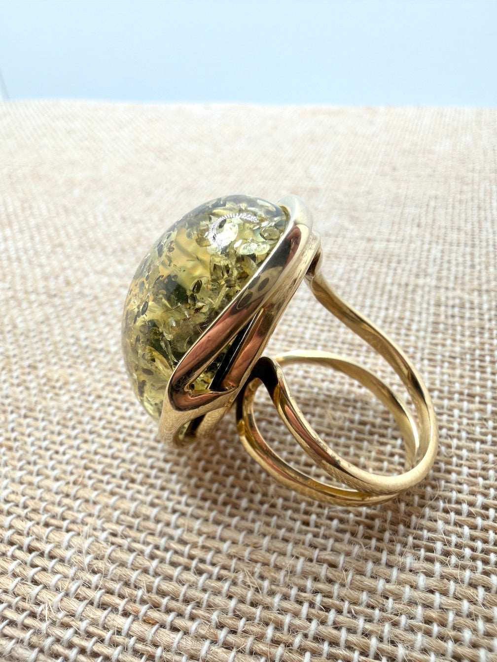 Handmade Sterling Silver Baltic Amber Ring Green Color Adjustable | Open Shank Ring Made in Poland