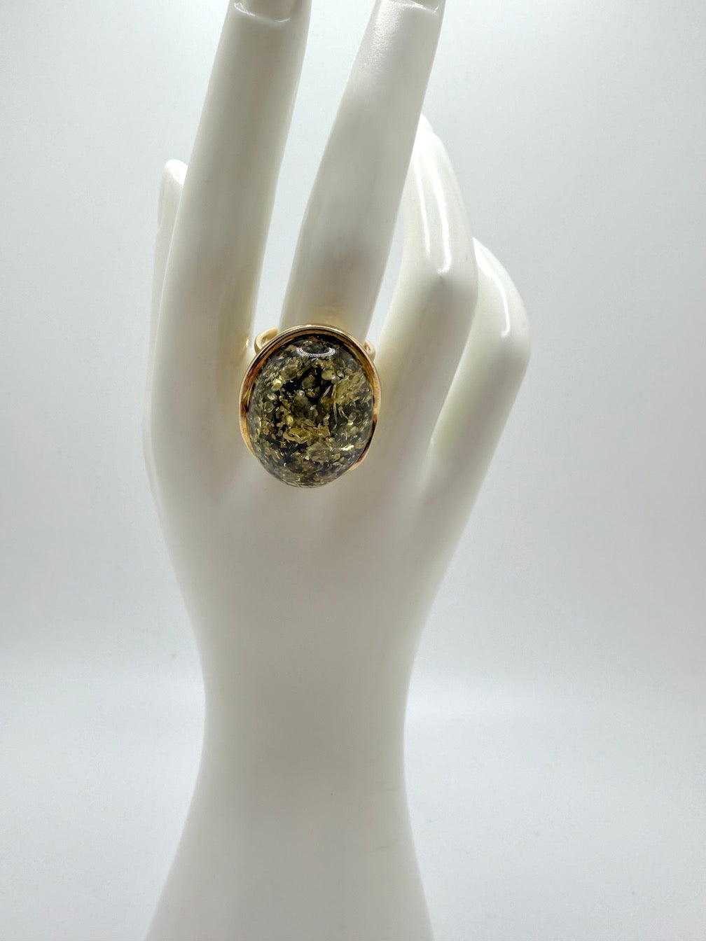 Handmade Sterling Silver Baltic Amber Ring Green Color Adjustable | Open Shank Ring Made in Poland