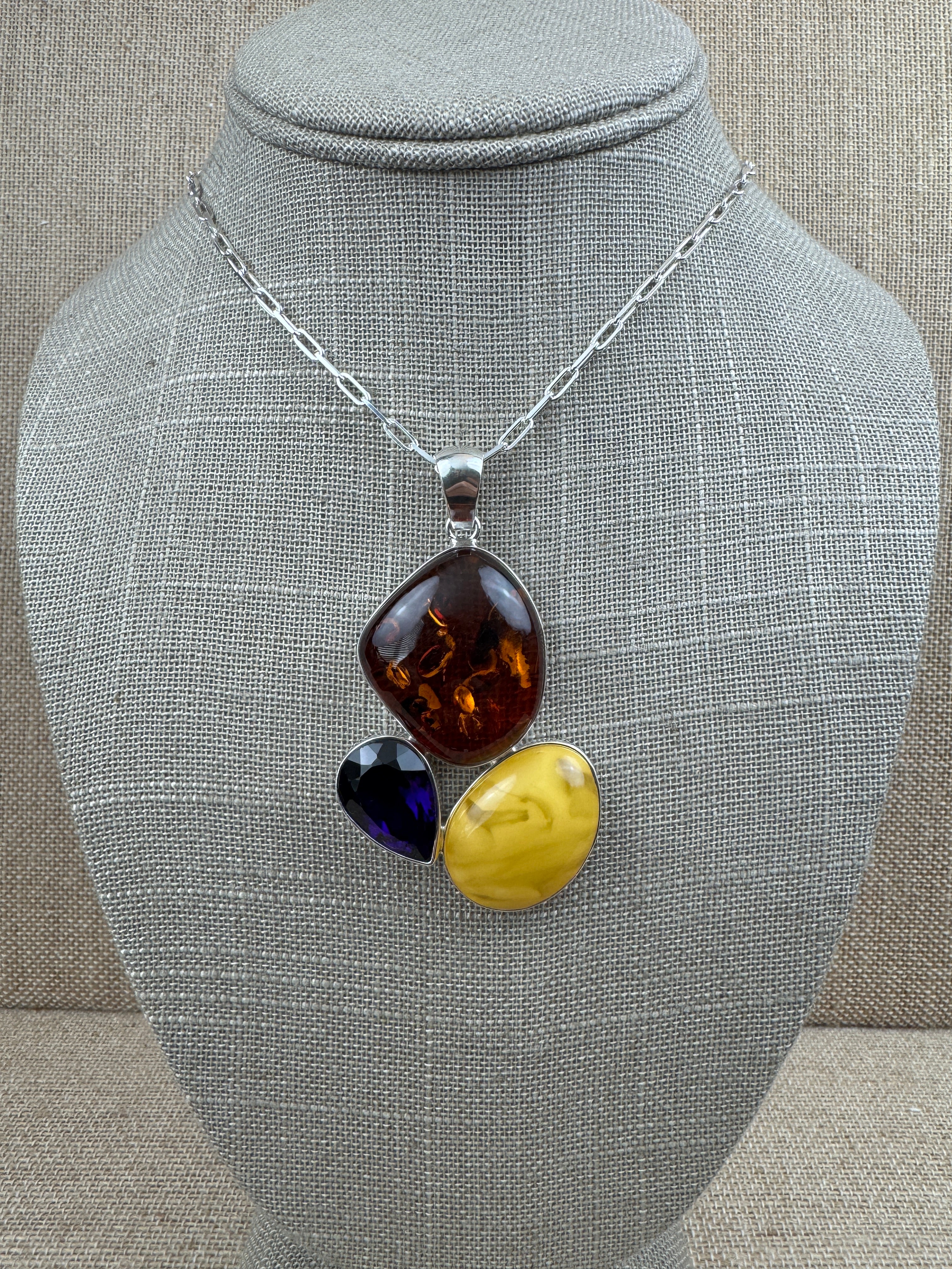 Handmade Sterling Silver Baltic Amber & Amethyst Pendant Necklace – Genuine Honey & Butterscotch Amber