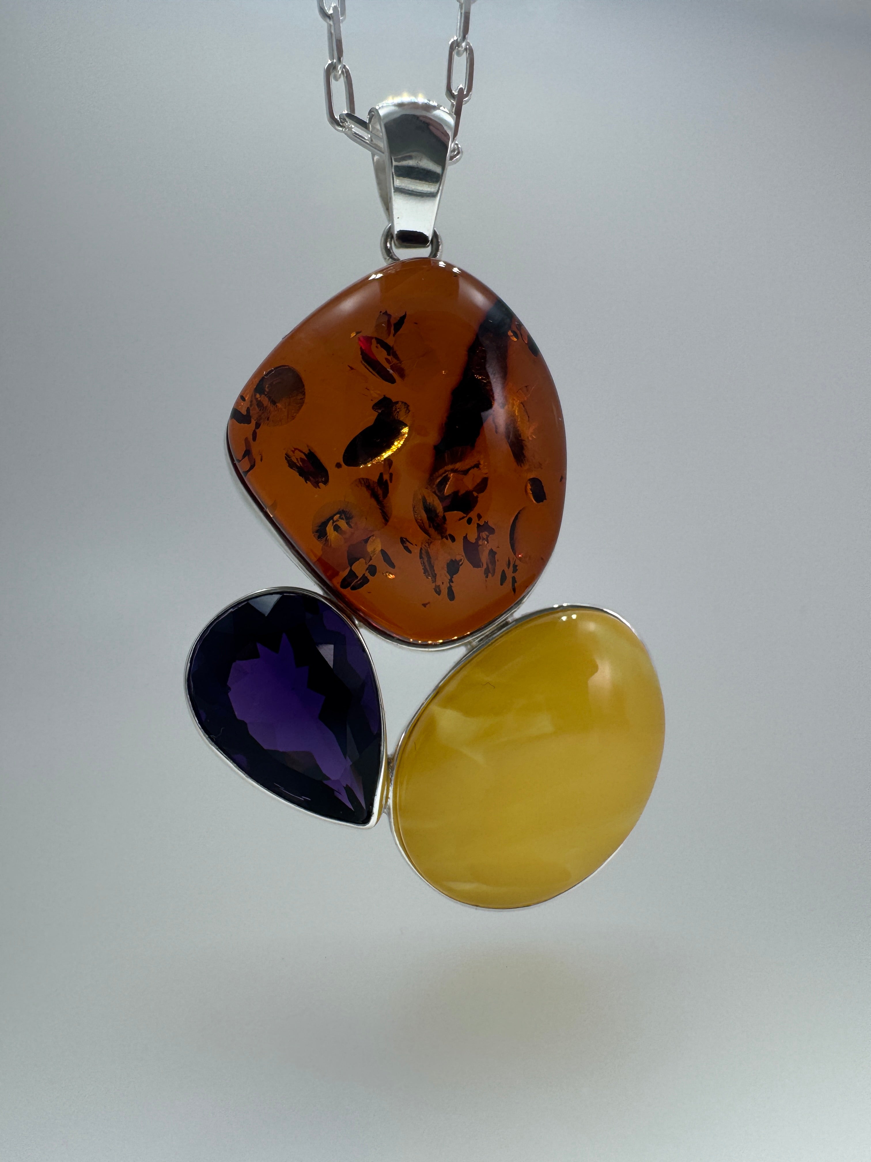 Handmade Sterling Silver Baltic Amber & Amethyst Pendant Necklace – Genuine Honey & Butterscotch Amber