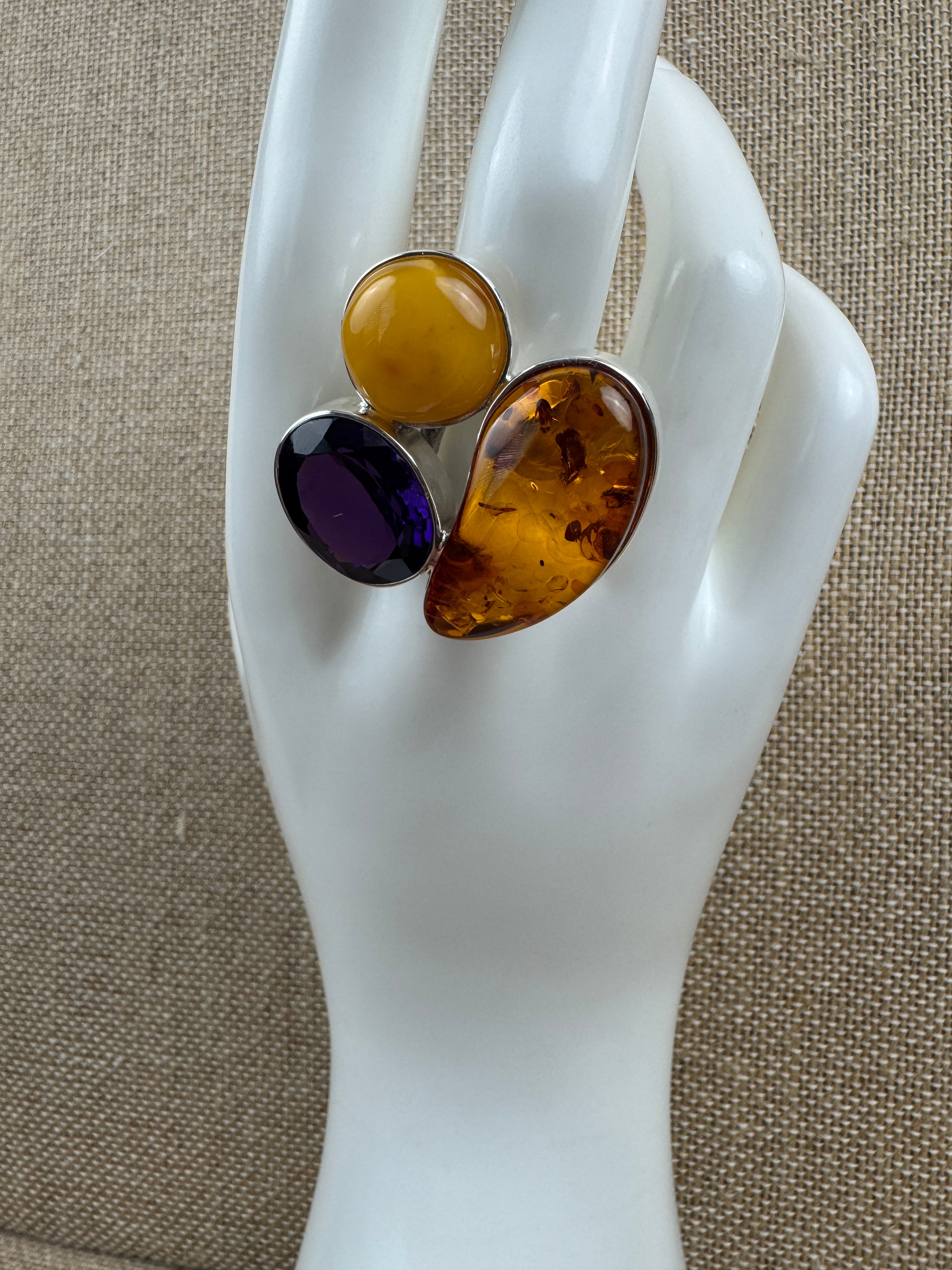 Handmade Sterling Silver Baltic Amber & Amethyst Ring | Cognac, Butterscotch & Honey Amber | Adjustable Open Shank | Matching Set